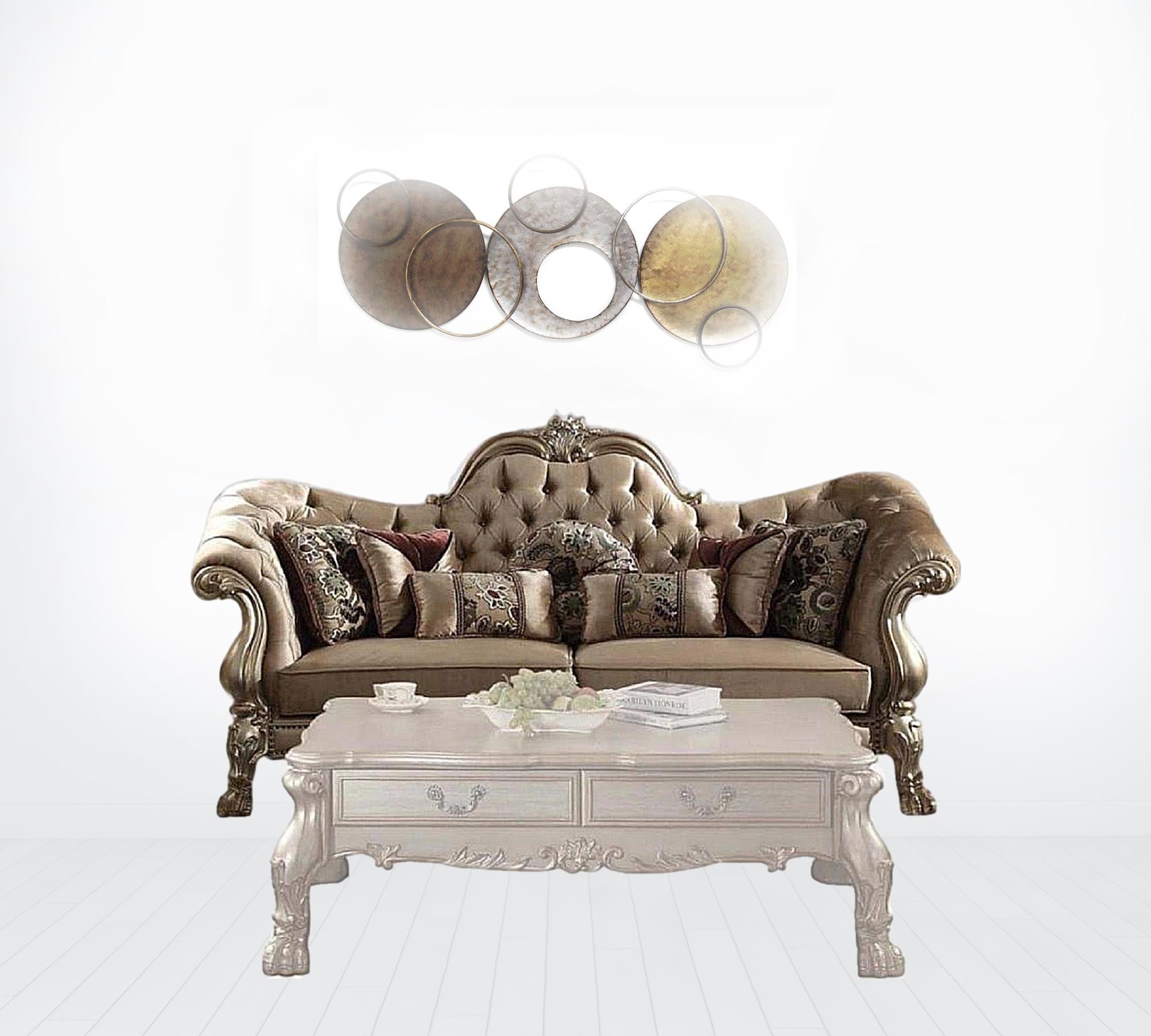 96" Bone Polyurethane, Velvet And Gold Sofa With Seven Toss Pillows