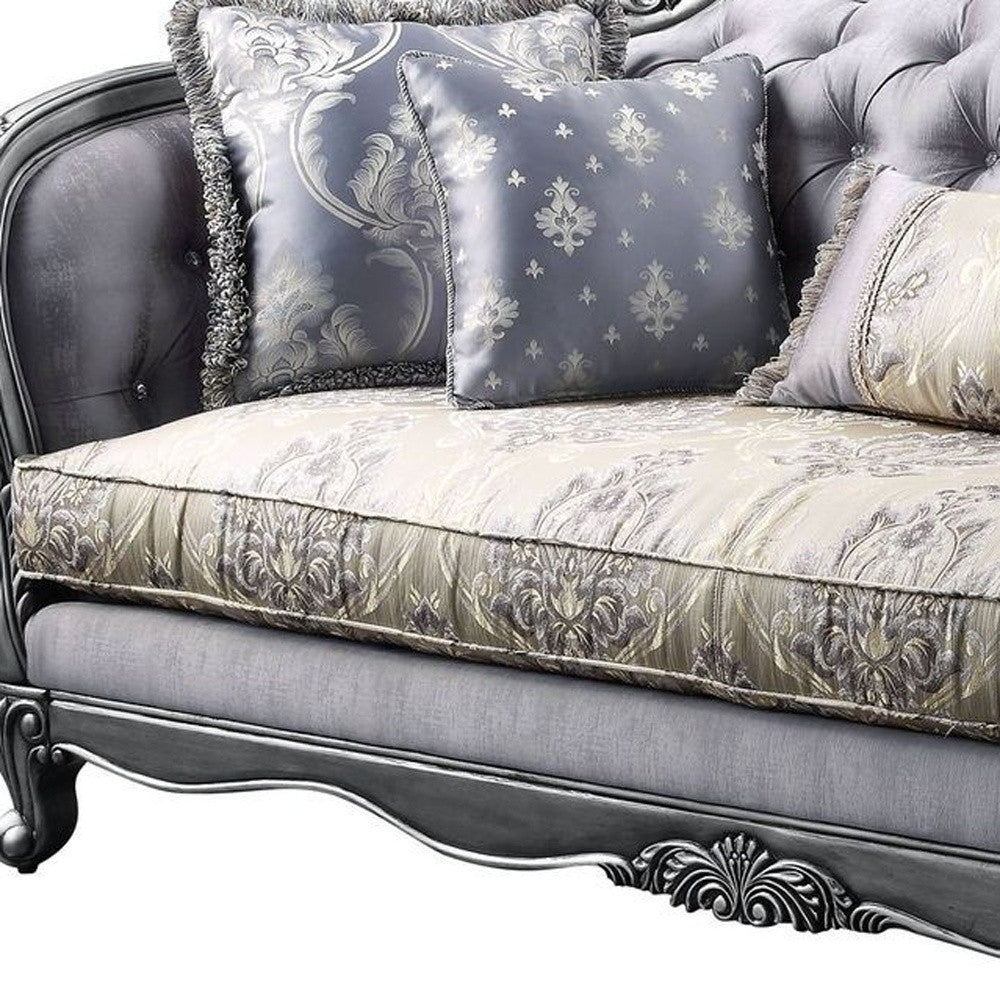 89" Fabric Imitation silk And Platinum Sofa With Five Toss Pillows