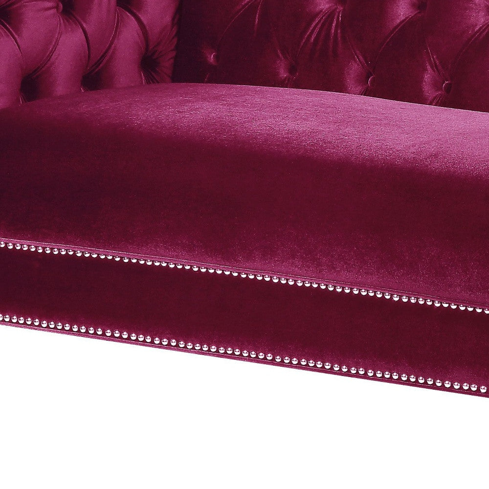 89" Burgundy Velvet And Black Sofa With Two Toss Pillows