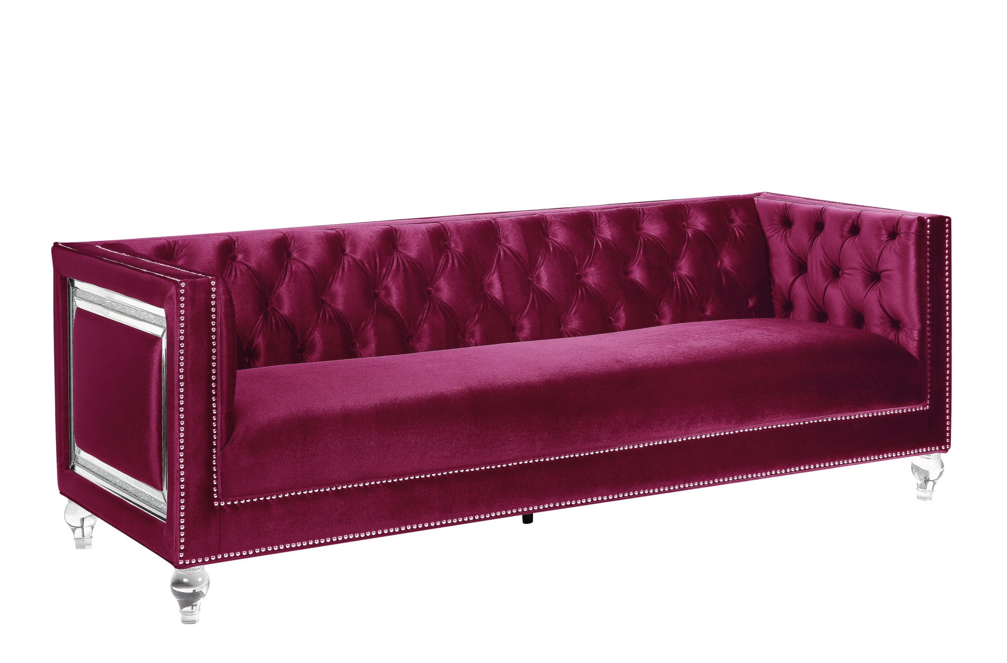 89" Burgundy Velvet And Black Sofa With Two Toss Pillows