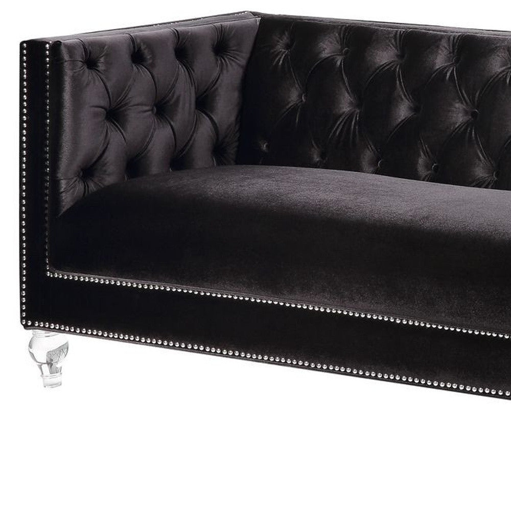 89" Black Velvet Sofa With Two Toss Pillows