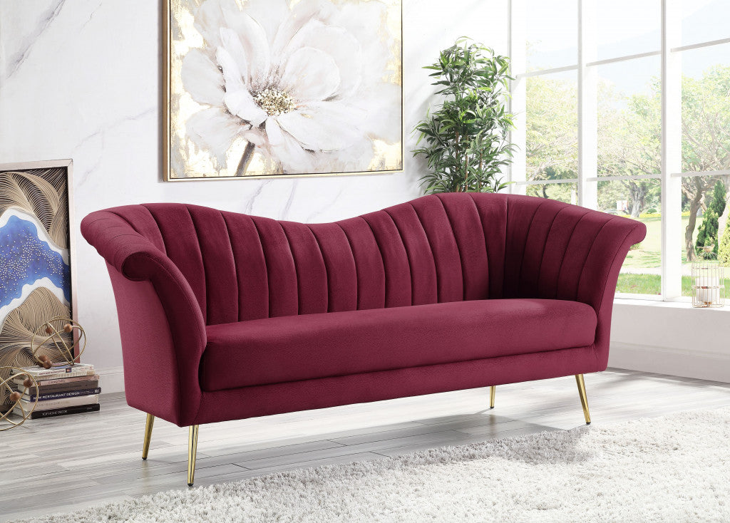 80" Red Velvet And Gold Sofa