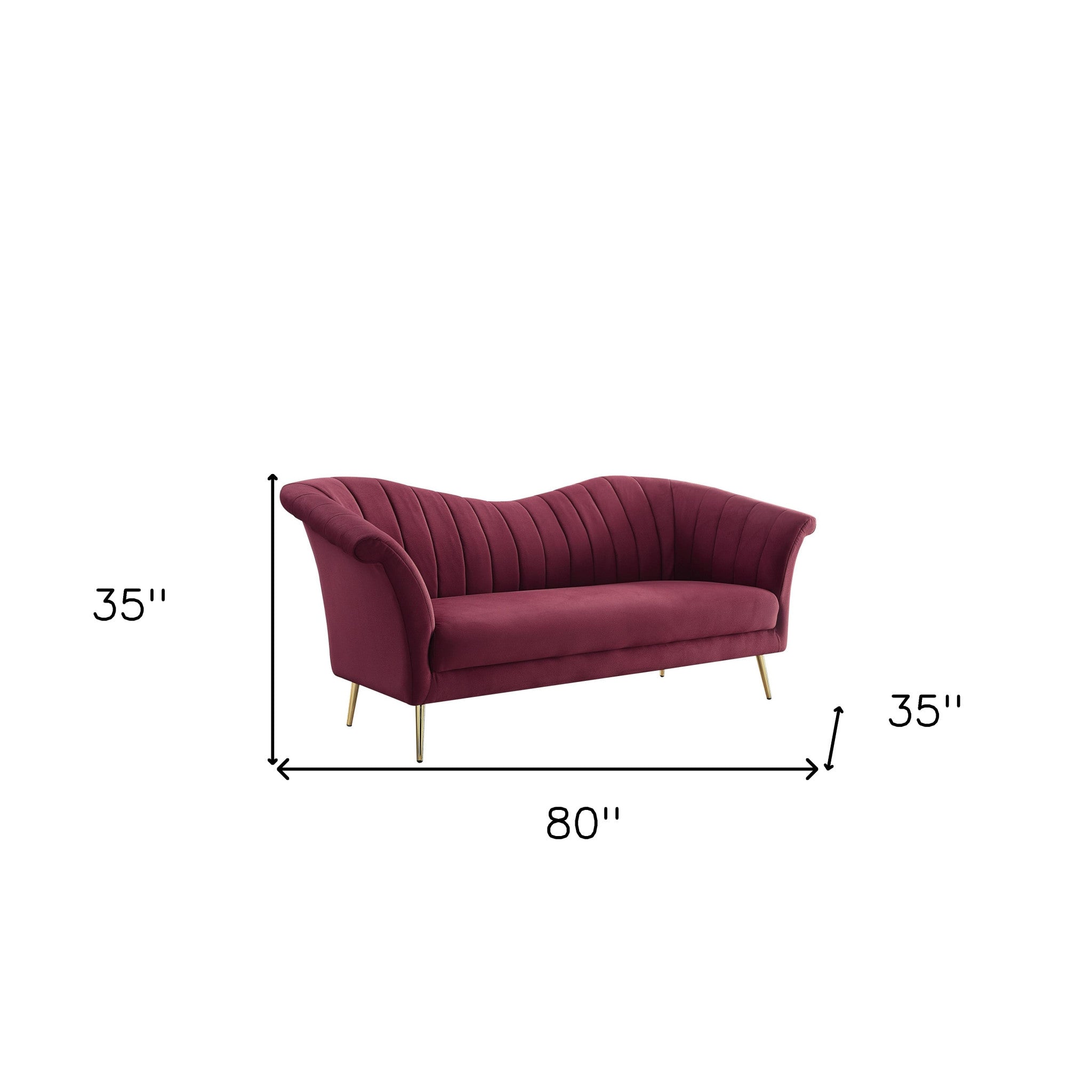 80" Red Velvet And Gold Sofa