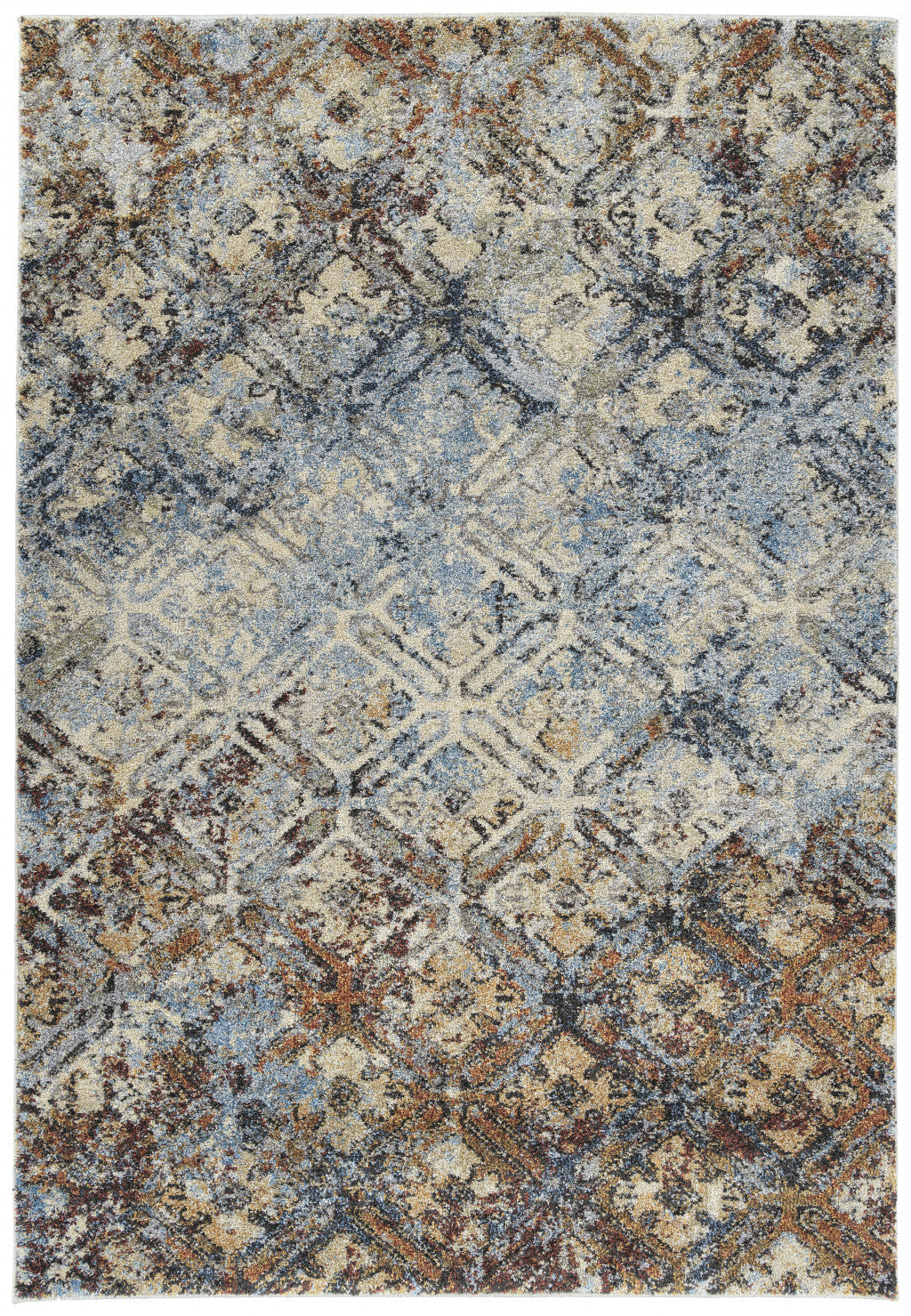 10' X 13'  Brown Light Blue And Gray Distressed Diamond Area Rug