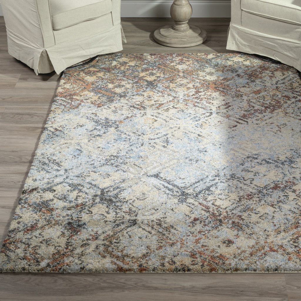 10' X 13'  Brown Light Blue And Gray Distressed Diamond Area Rug