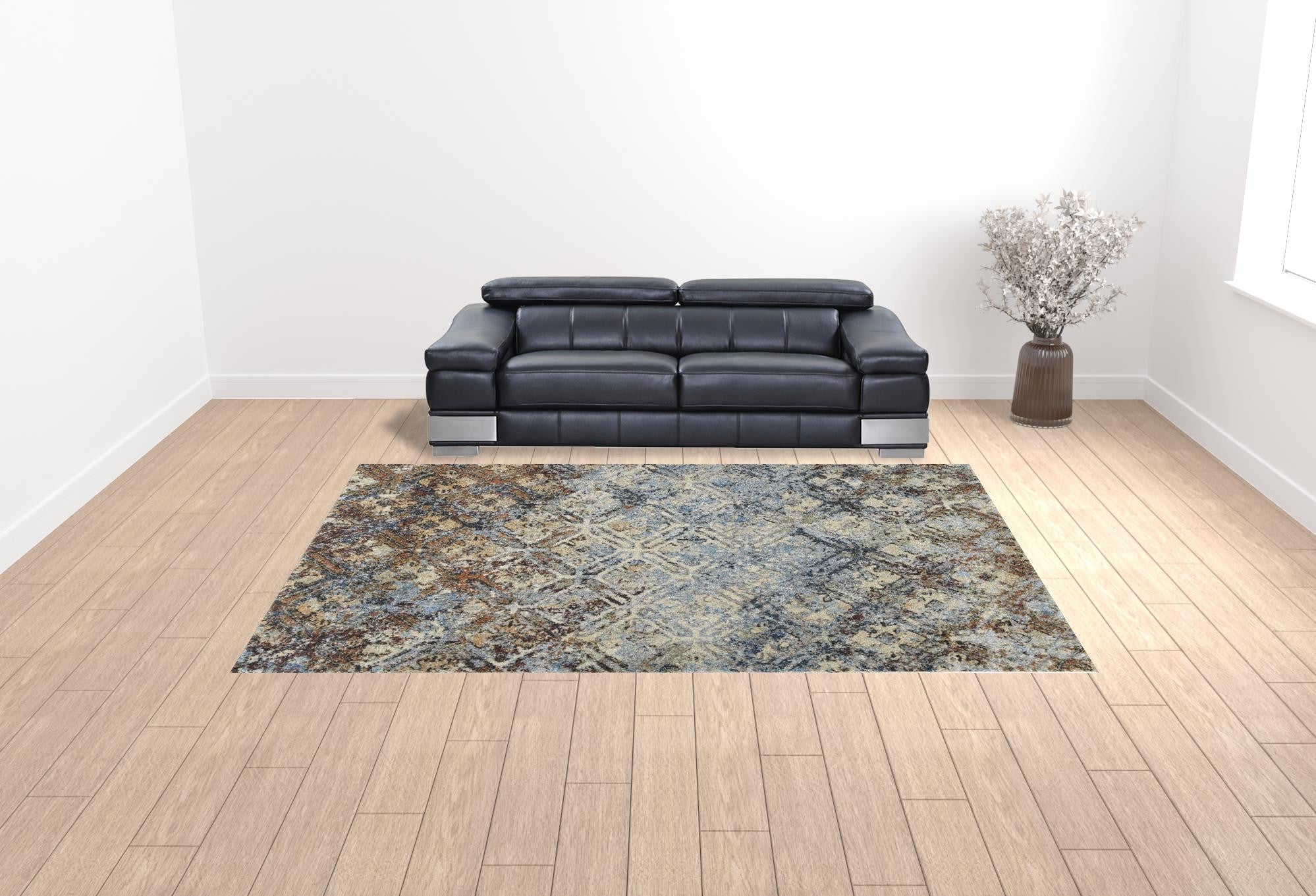 10' X 13'  Brown Light Blue And Gray Distressed Diamond Area Rug