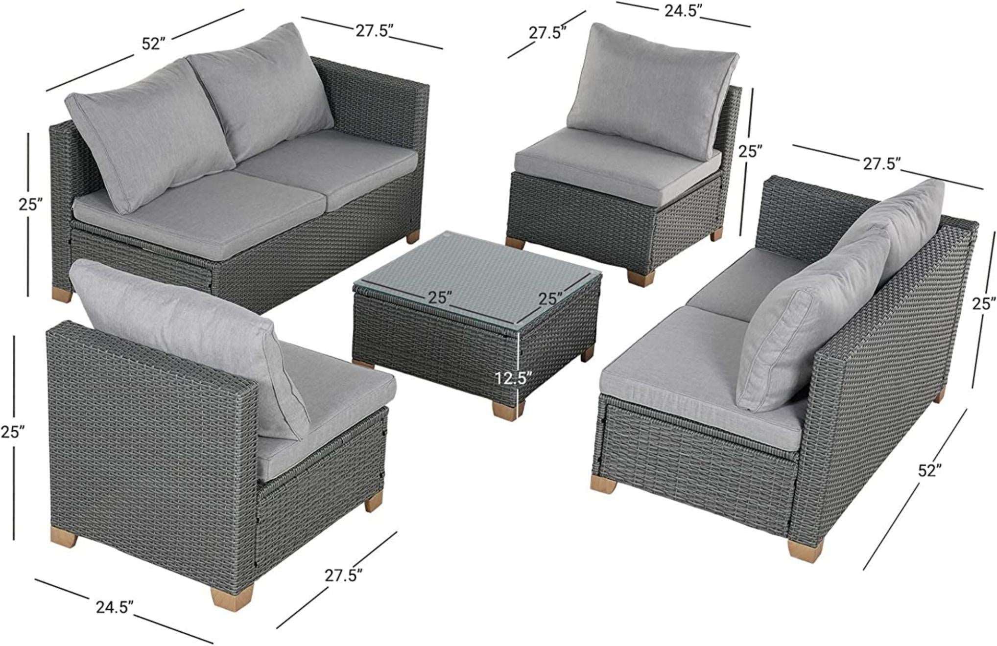 5 Piece Outdoor Rattan Sectional Sets，6 Seats with Cushion