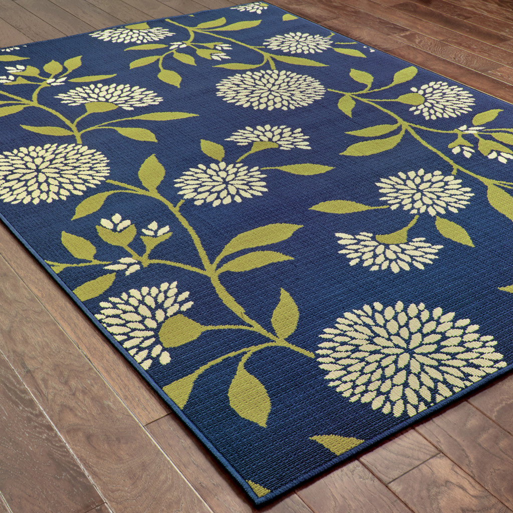 2' X 4' Blue and Green Floral Stain Resistant Indoor Outdoor Area Rug