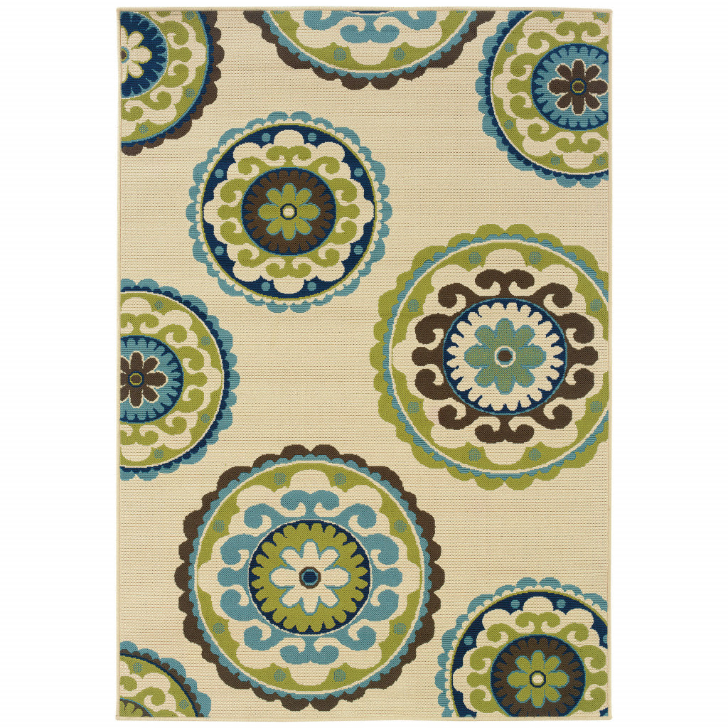 2' X 4' Green and Ivory Floral Stain Resistant Indoor Outdoor Area Rug