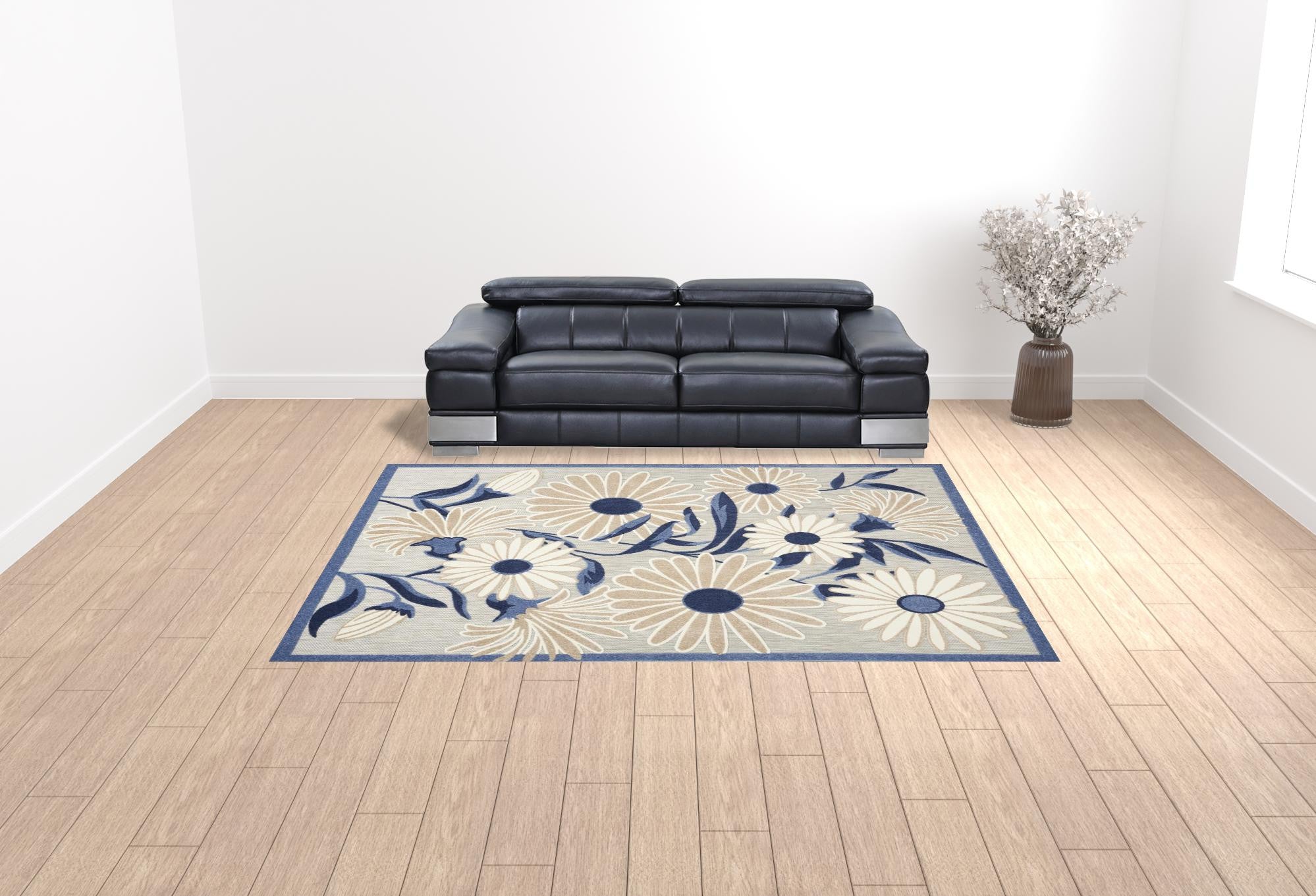 9' X 12' Blue And Grey Floral Stain Resistant Non Skid Area Rug