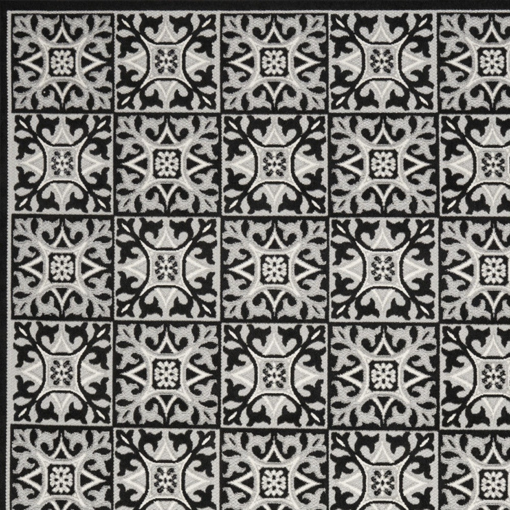 9' X 12' Black And White Fleur De Lis Stain Resistant Non Skid Area Rug