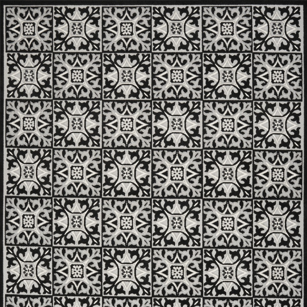 9' X 12' Black And White Fleur De Lis Stain Resistant Non Skid Area Rug