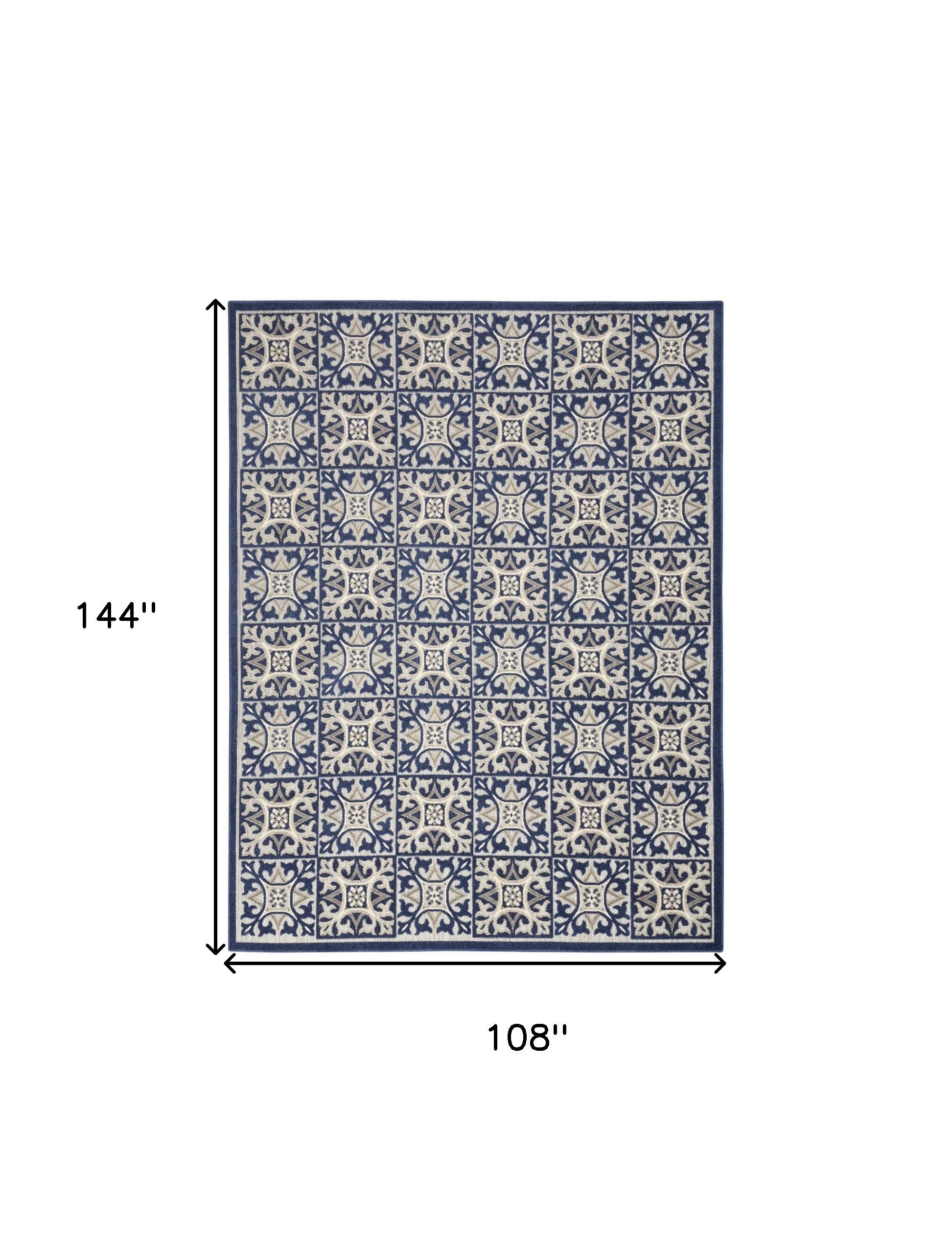 9' X 12' Blue Fleur De Lis Stain Resistant Non Skid Area Rug