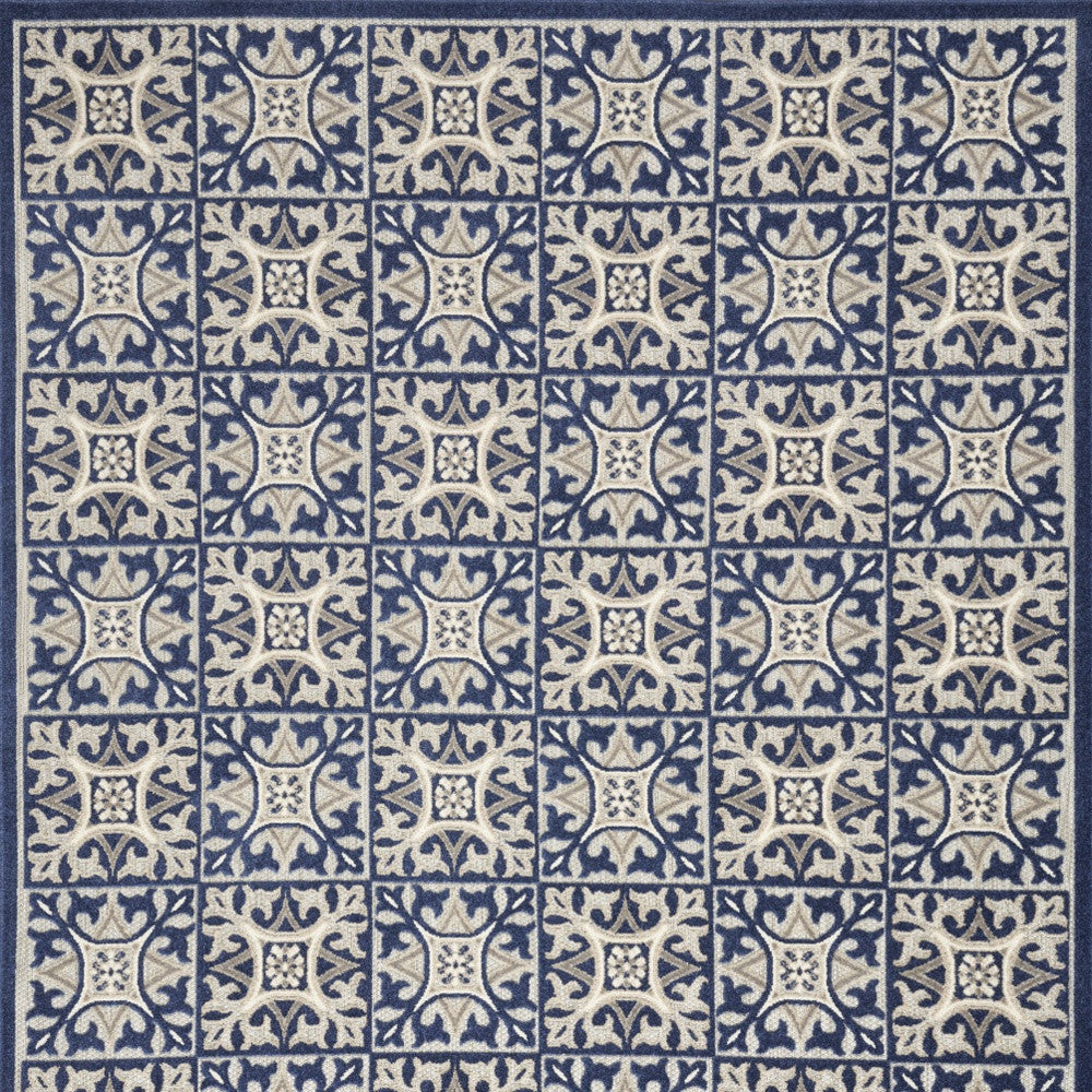 9' X 12' Blue Fleur De Lis Stain Resistant Non Skid Area Rug