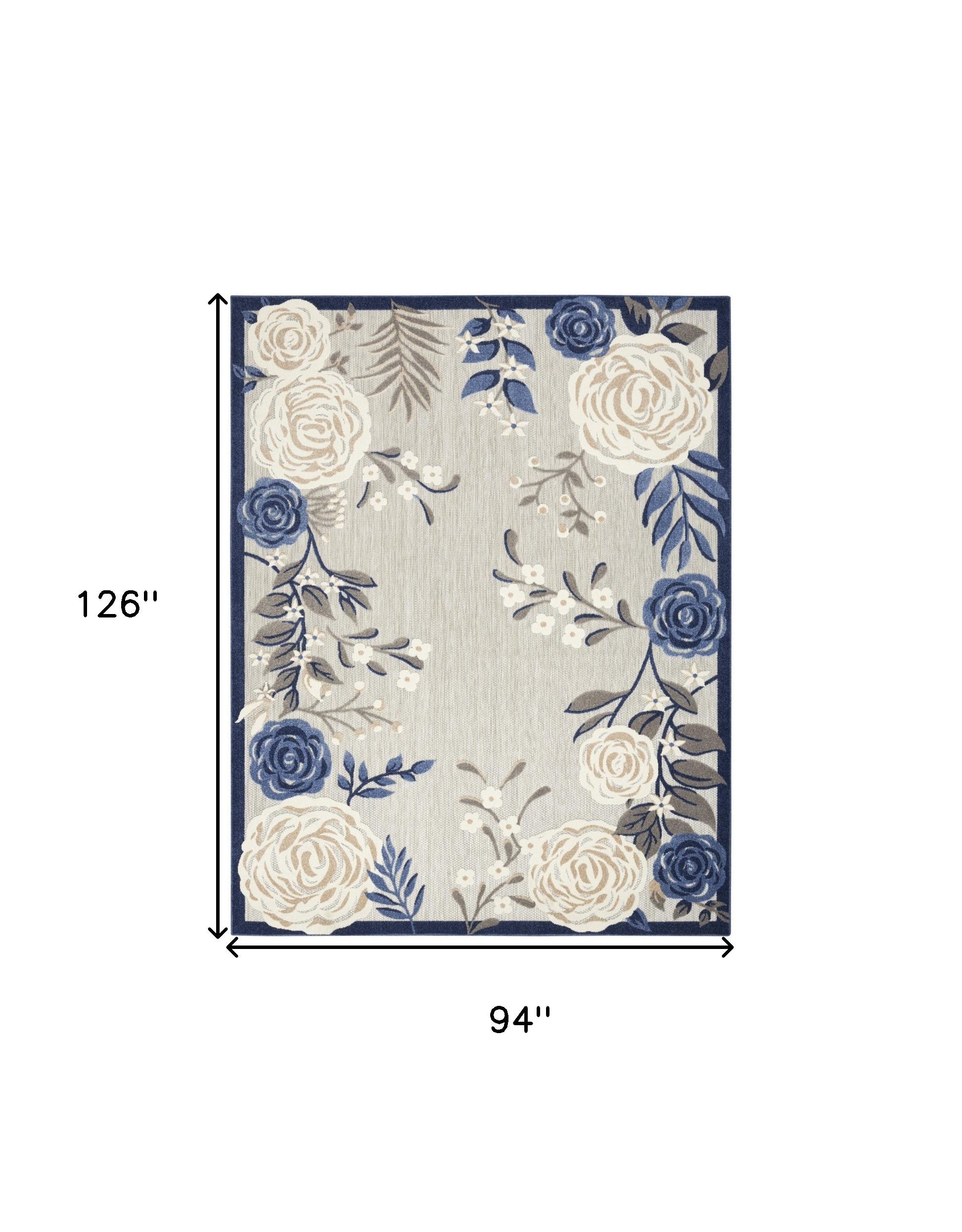 8' X 11' Blue And Grey Floral Stain Resistant Non Skid Area Rug