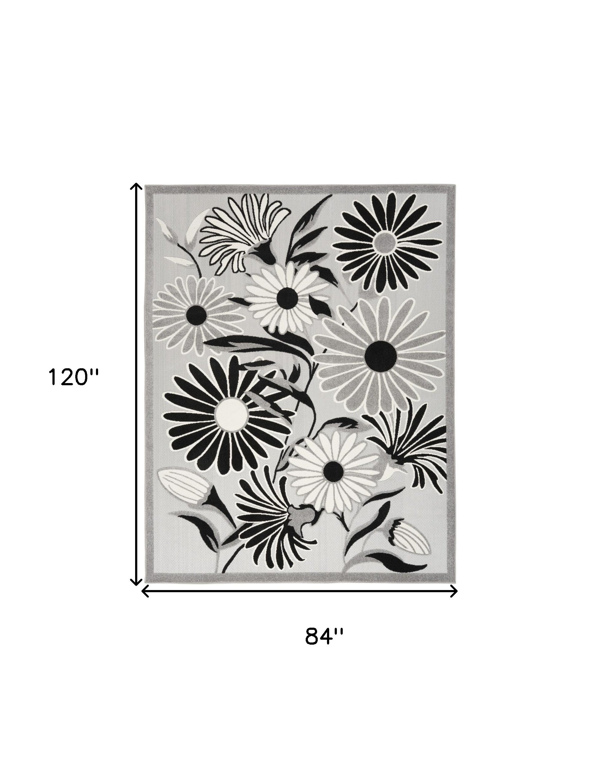 7' X 10' Black And White Floral Stain Resistant Non Skid Area Rug