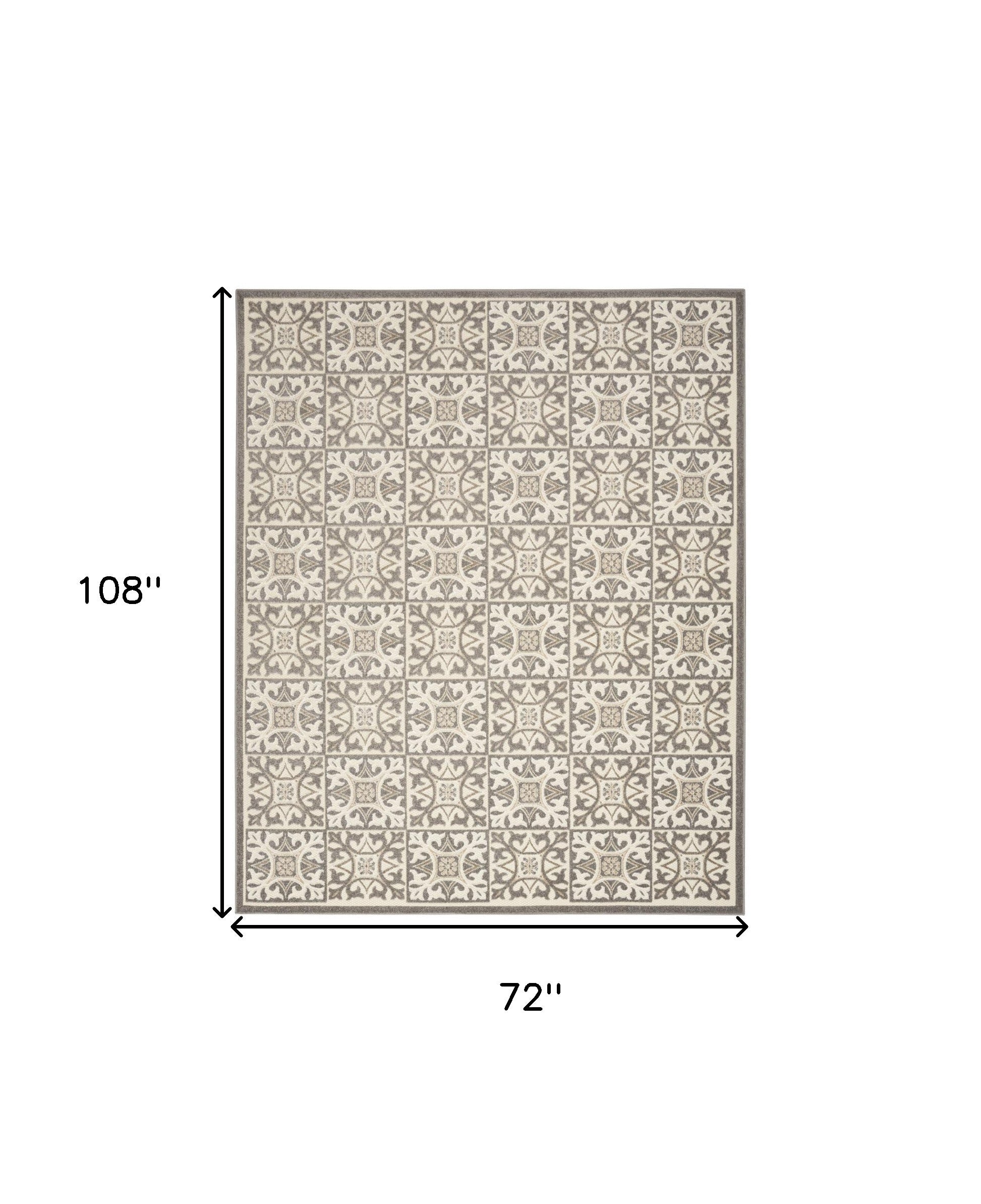 6' X 9' Ivory And Grey Fleur De Lis Stain Resistant Non Skid Area Rug