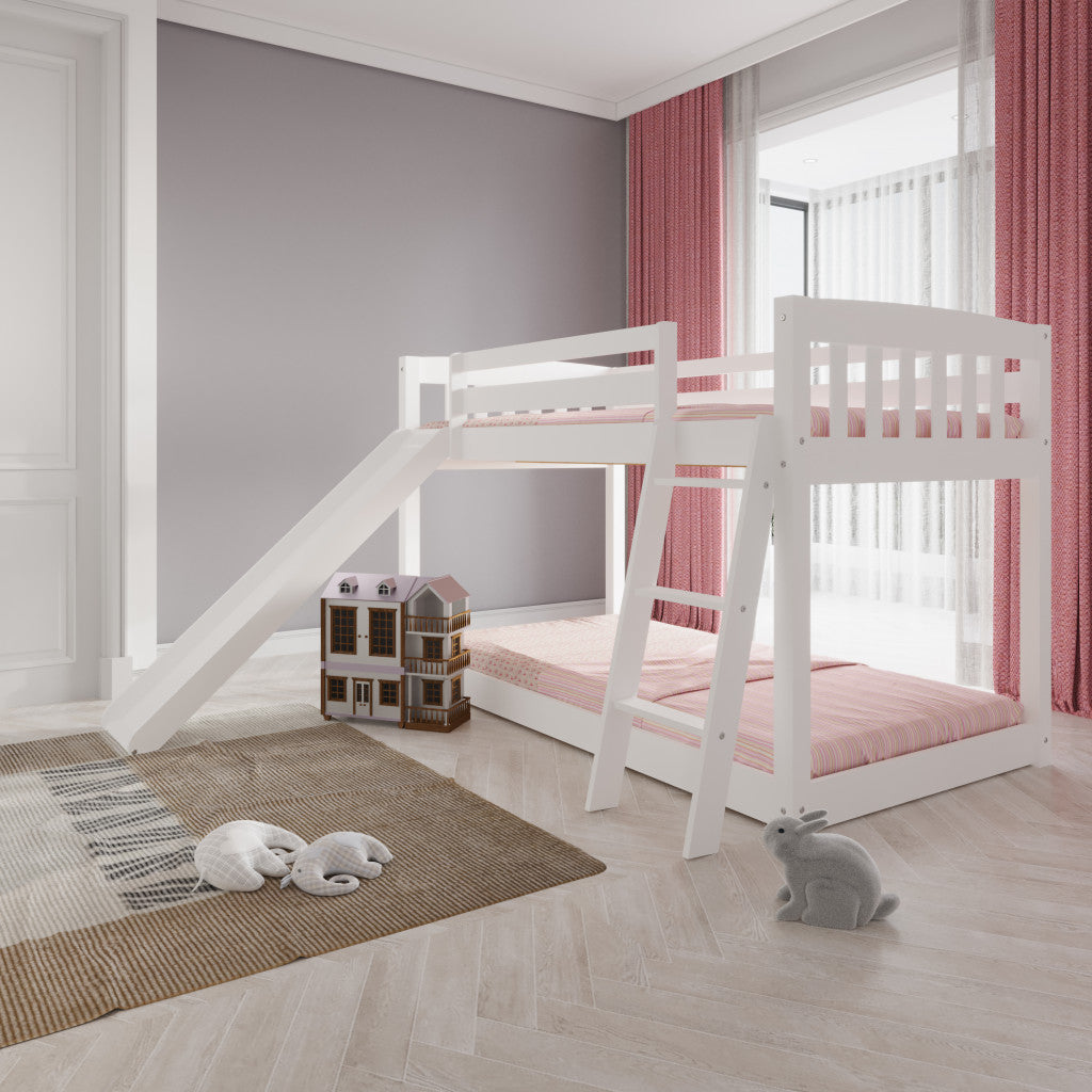 White Twin over Twin Solid Wood Bunk Bed With Slide and Ladder