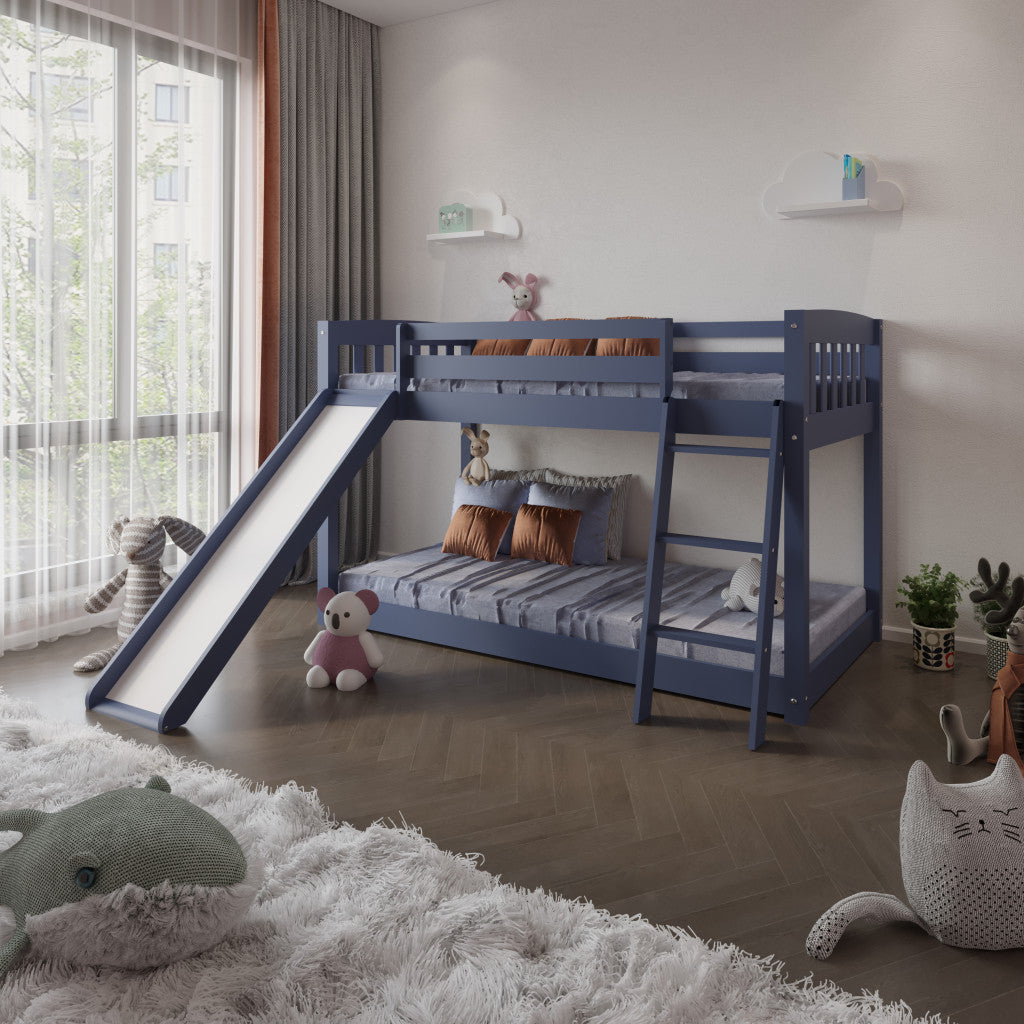 Blue Twin over Twin Solid Wood Bunk Bed With Slide and Ladder