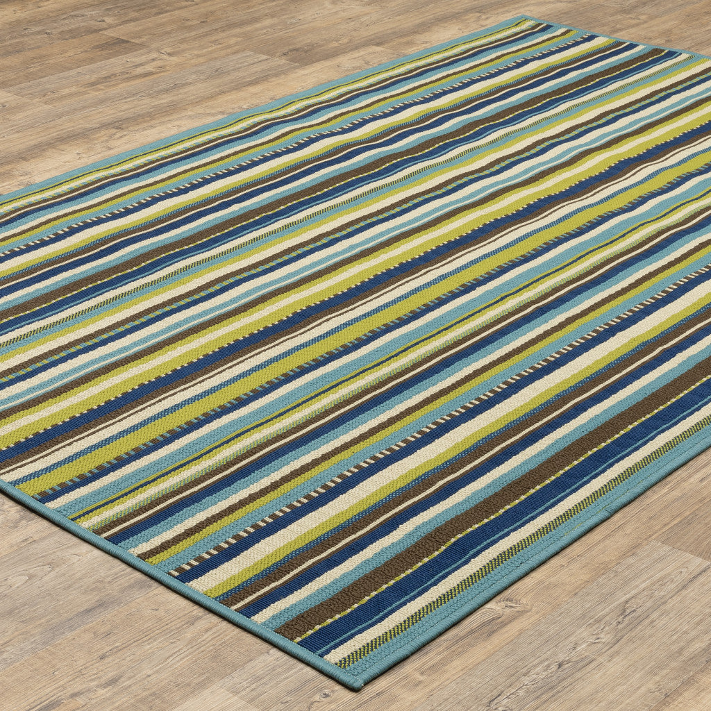 4' x 6' Blue and Green Striped Stain Resistant Indoor Outdoor Area Rug