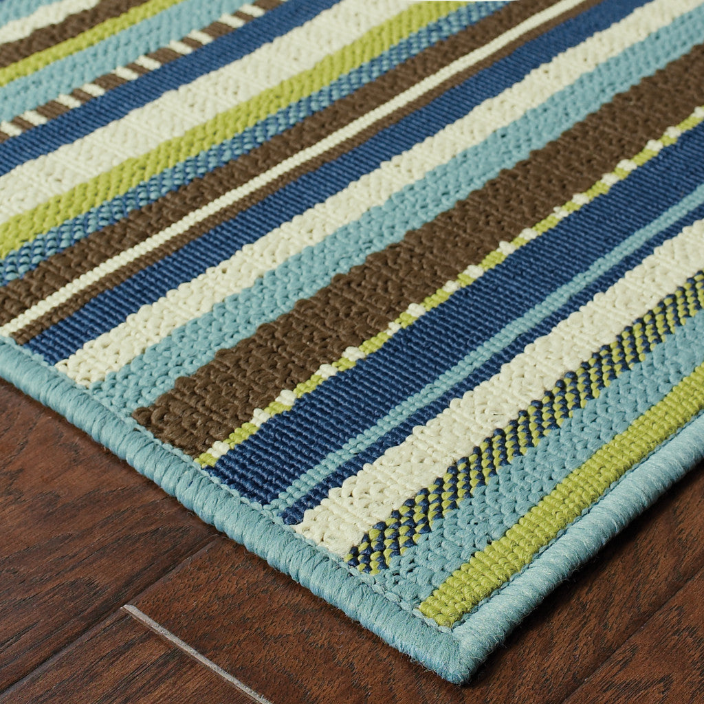 8' x 11' Blue and Green Striped Stain Resistant Indoor Outdoor Area Rug