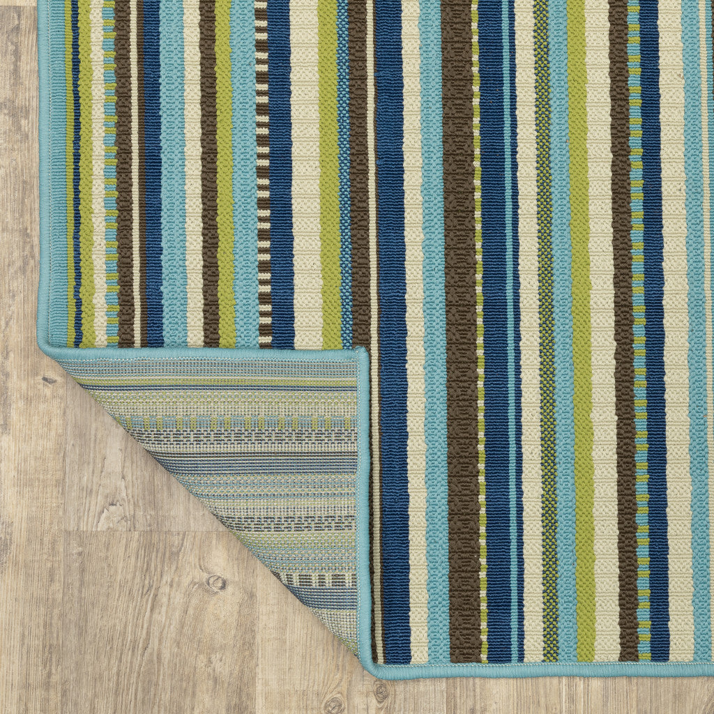 8' x 11' Blue and Green Striped Stain Resistant Indoor Outdoor Area Rug