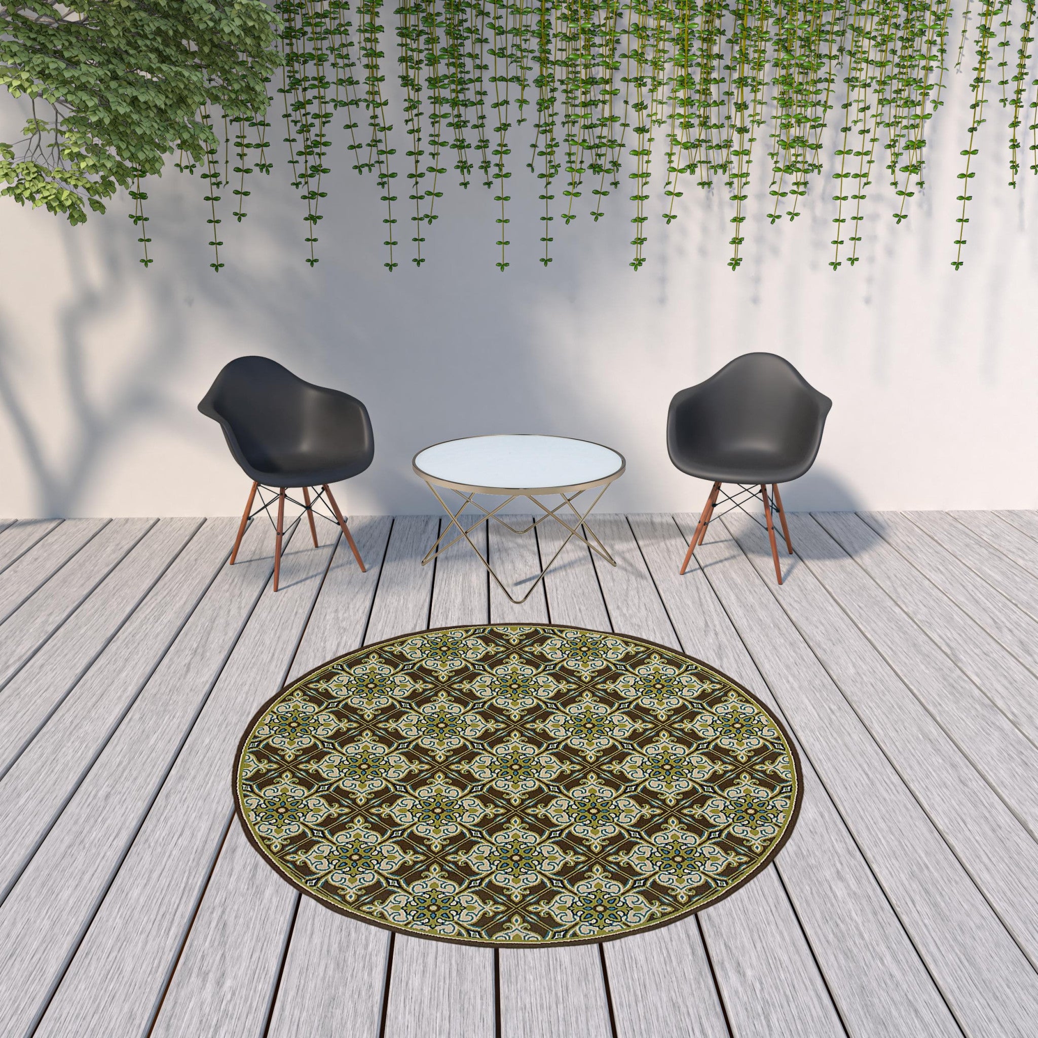 8' x 8' Brown and Ivory Round Floral Stain Resistant Indoor Outdoor Area Rug