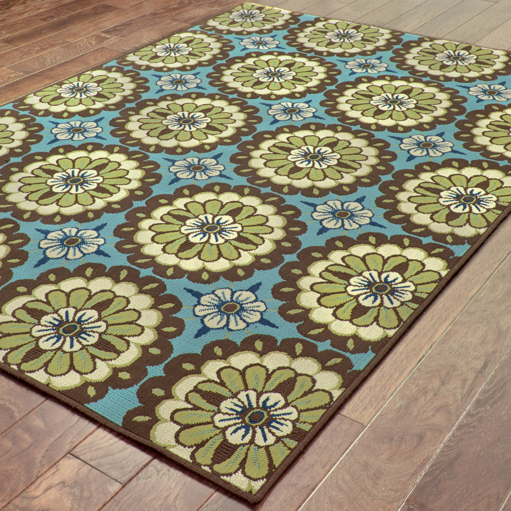 2' X 4' Blue and Green Floral Stain Resistant Indoor Outdoor Area Rug