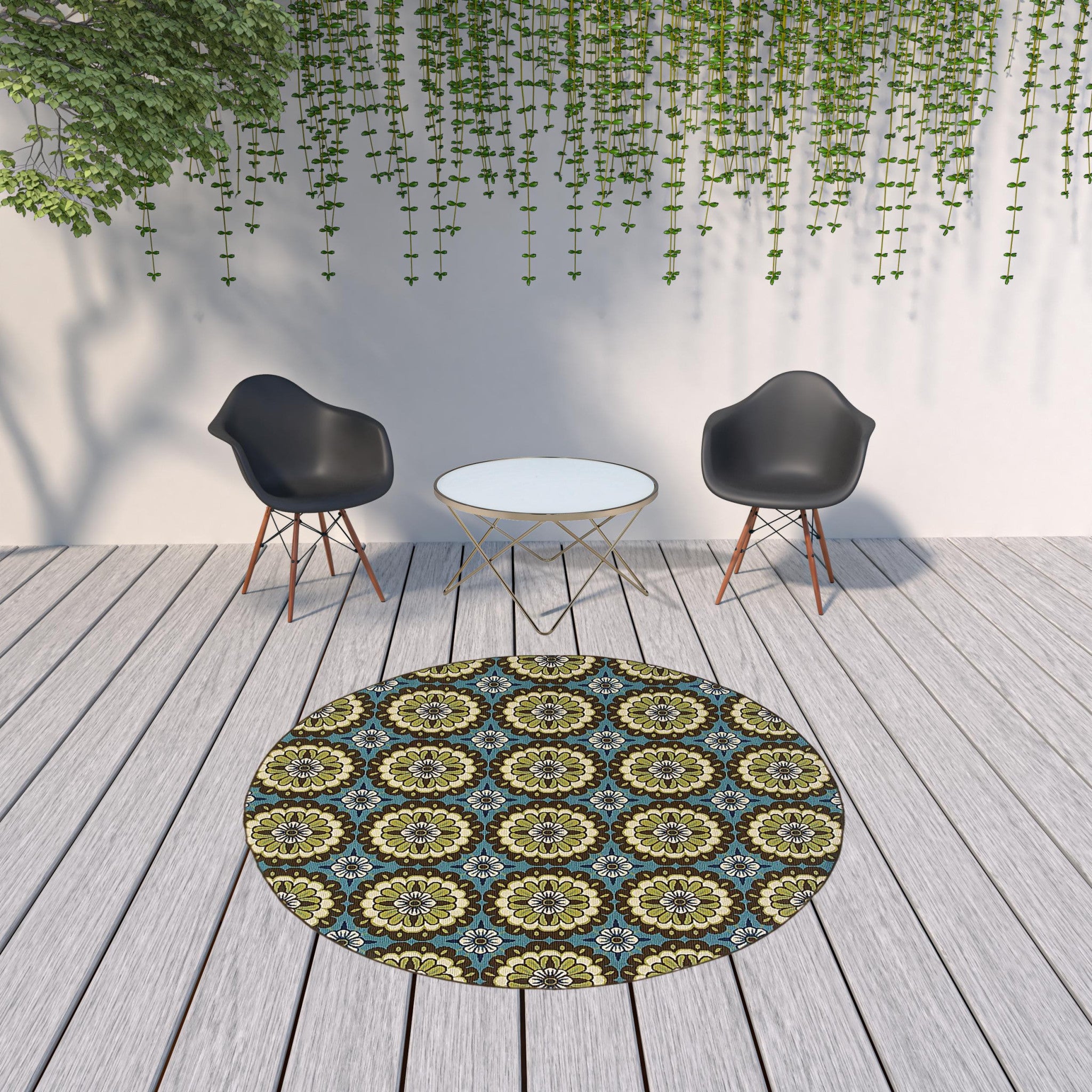 8' x 8' Blue and Green Round Floral Stain Resistant Indoor Outdoor Area Rug