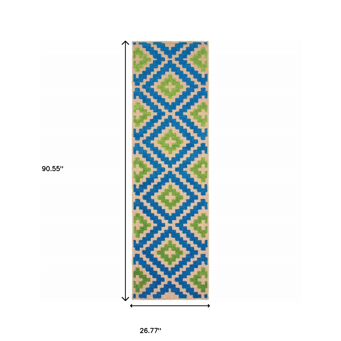 2' X 8' Blue and Beige Geometric Stain Resistant Indoor Outdoor Area Rug