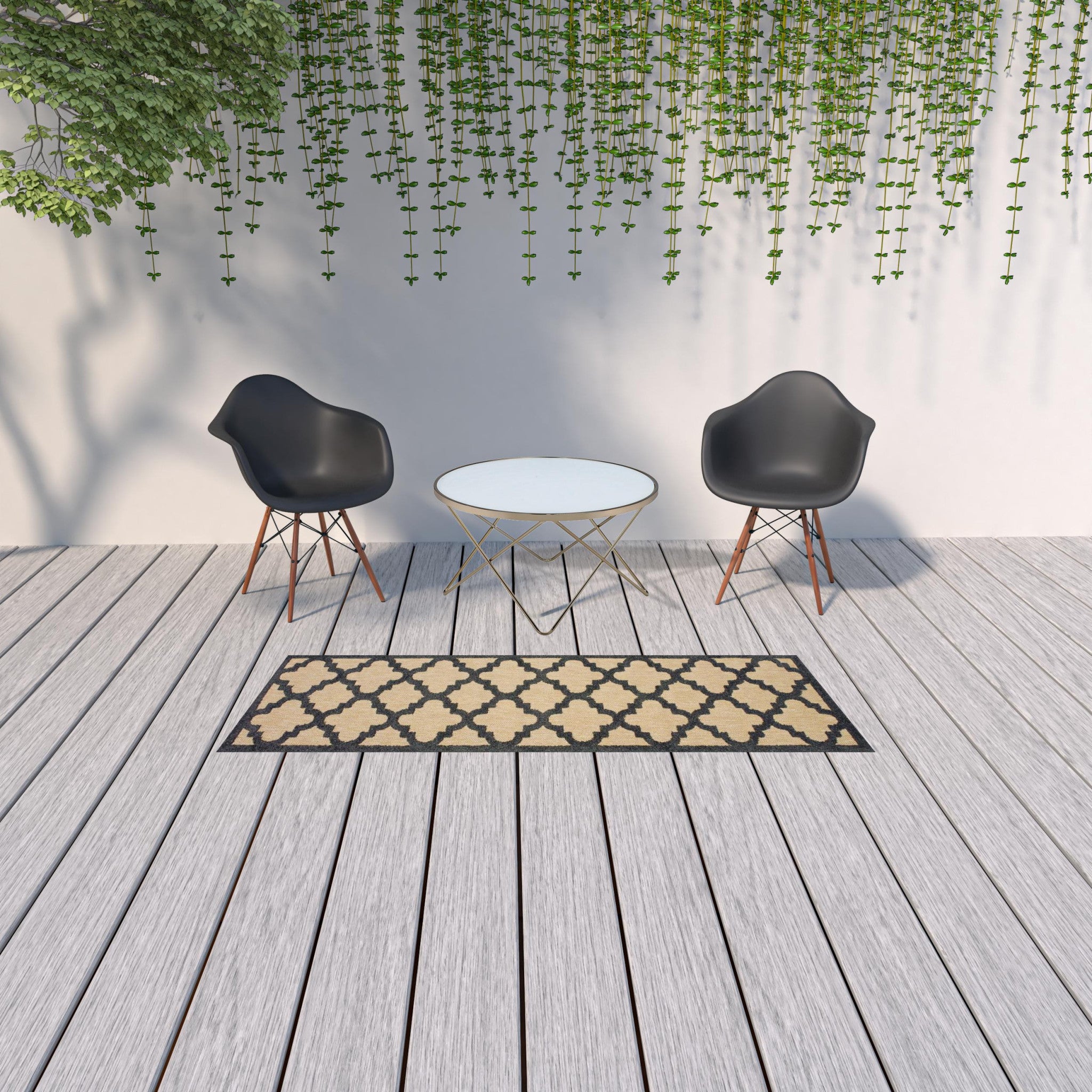 2' X 8' Beige and Black Geometric Stain Resistant Indoor Outdoor Area Rug