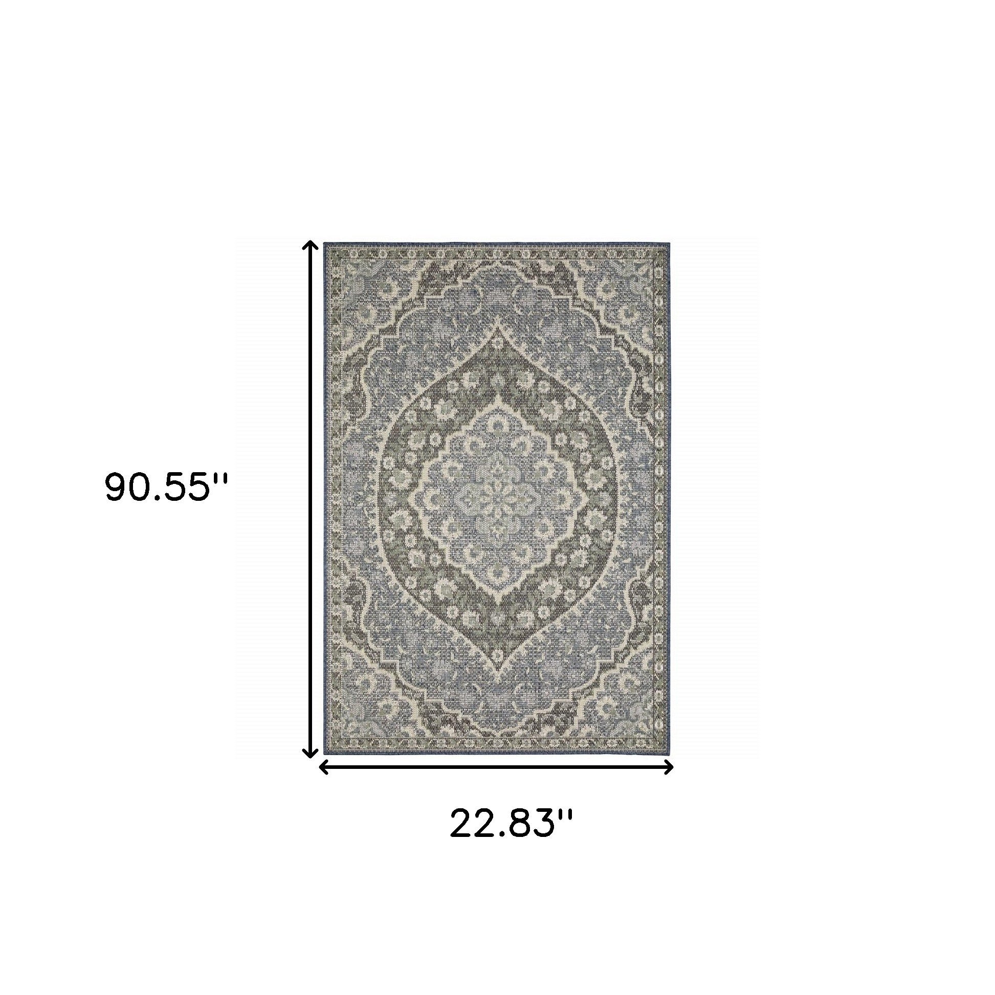 2' X 8' Blue and Green Oriental Stain Resistant Indoor Outdoor Area Rug