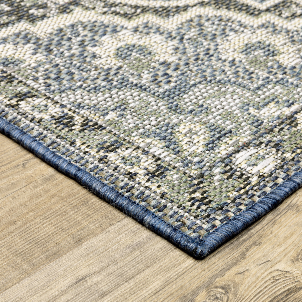 2' X 8' Blue and Green Oriental Stain Resistant Indoor Outdoor Area Rug