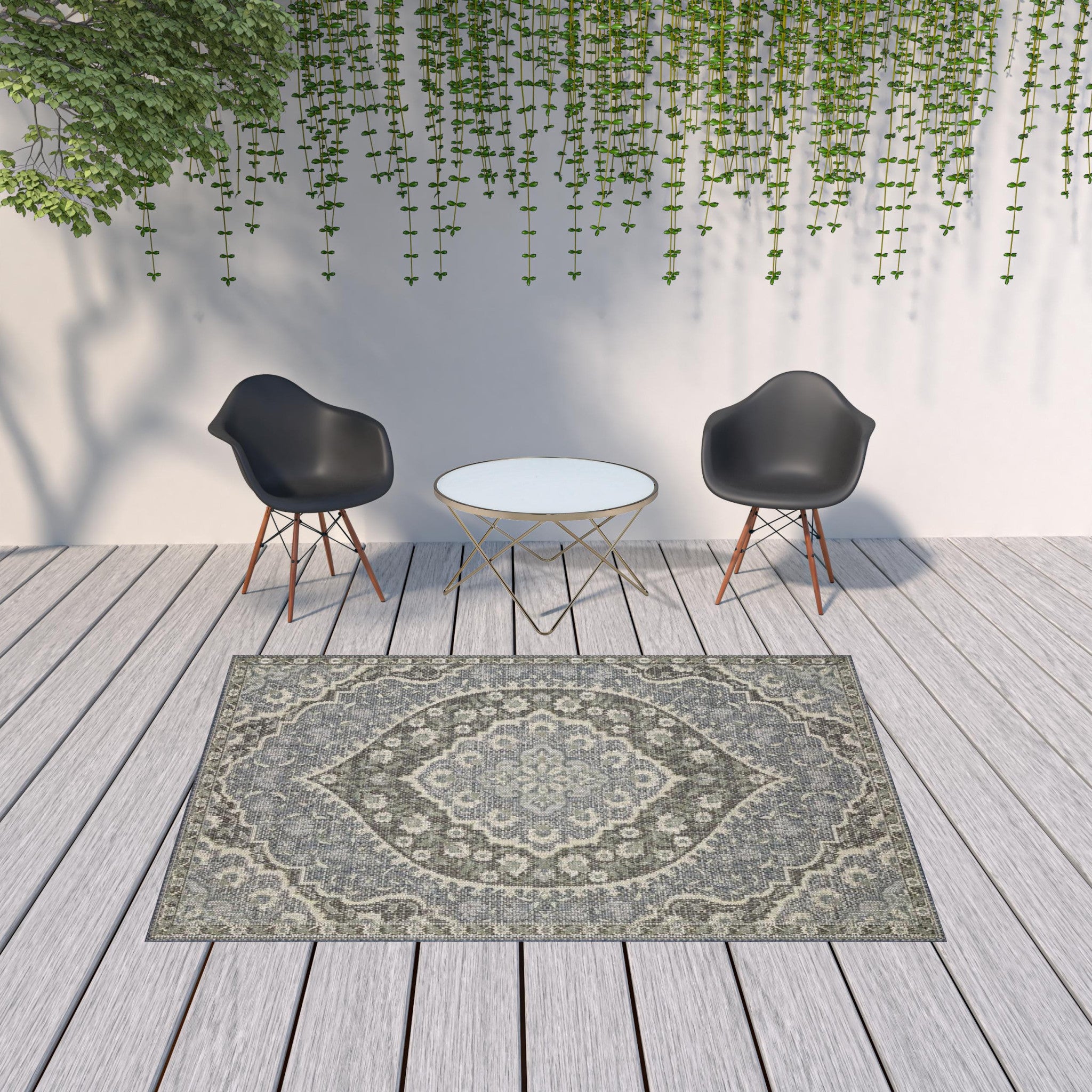 7' x 9' Blue and Green Oriental Stain Resistant Indoor Outdoor Area Rug