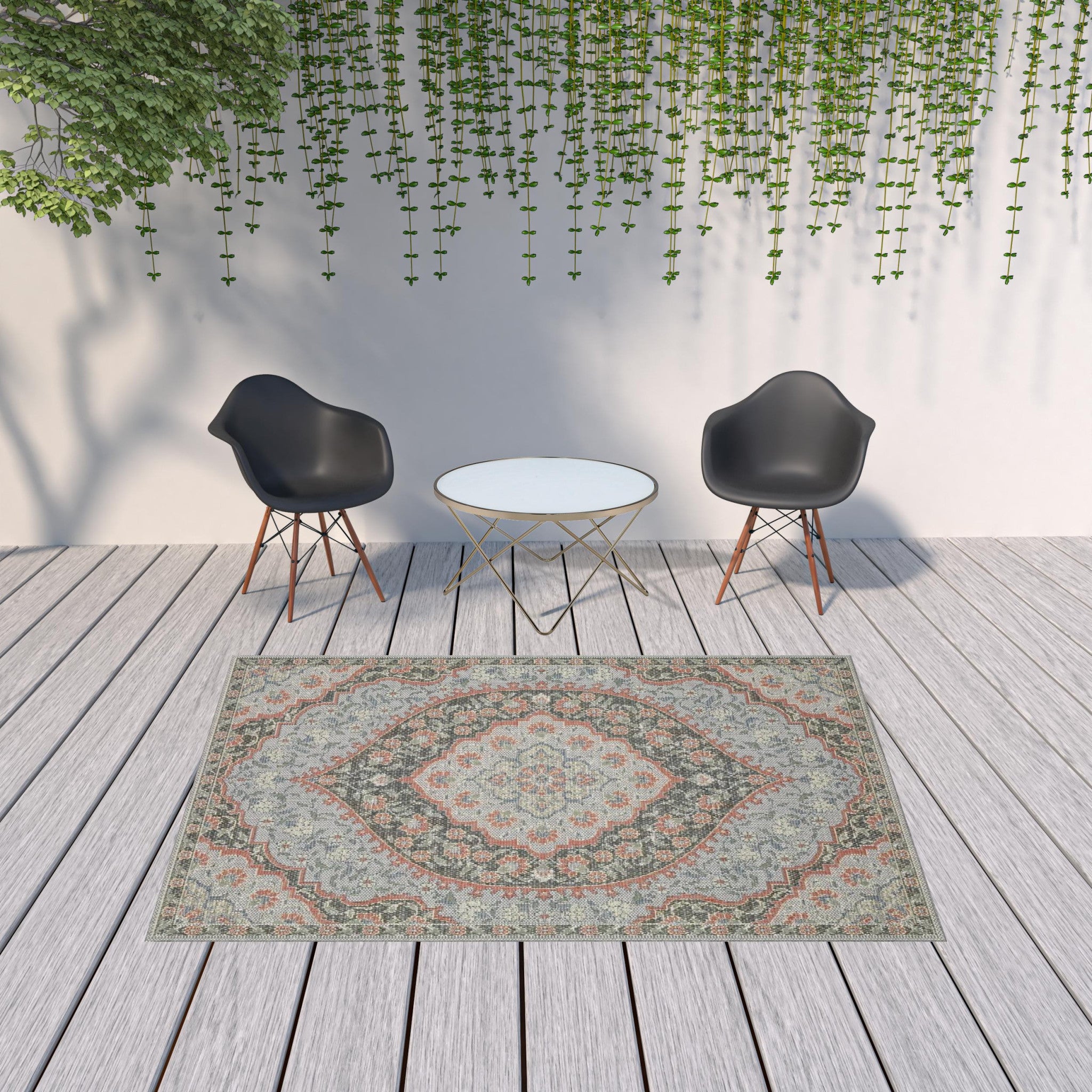 7' x 9' Blue Oriental Stain Resistant Indoor Outdoor Area Rug