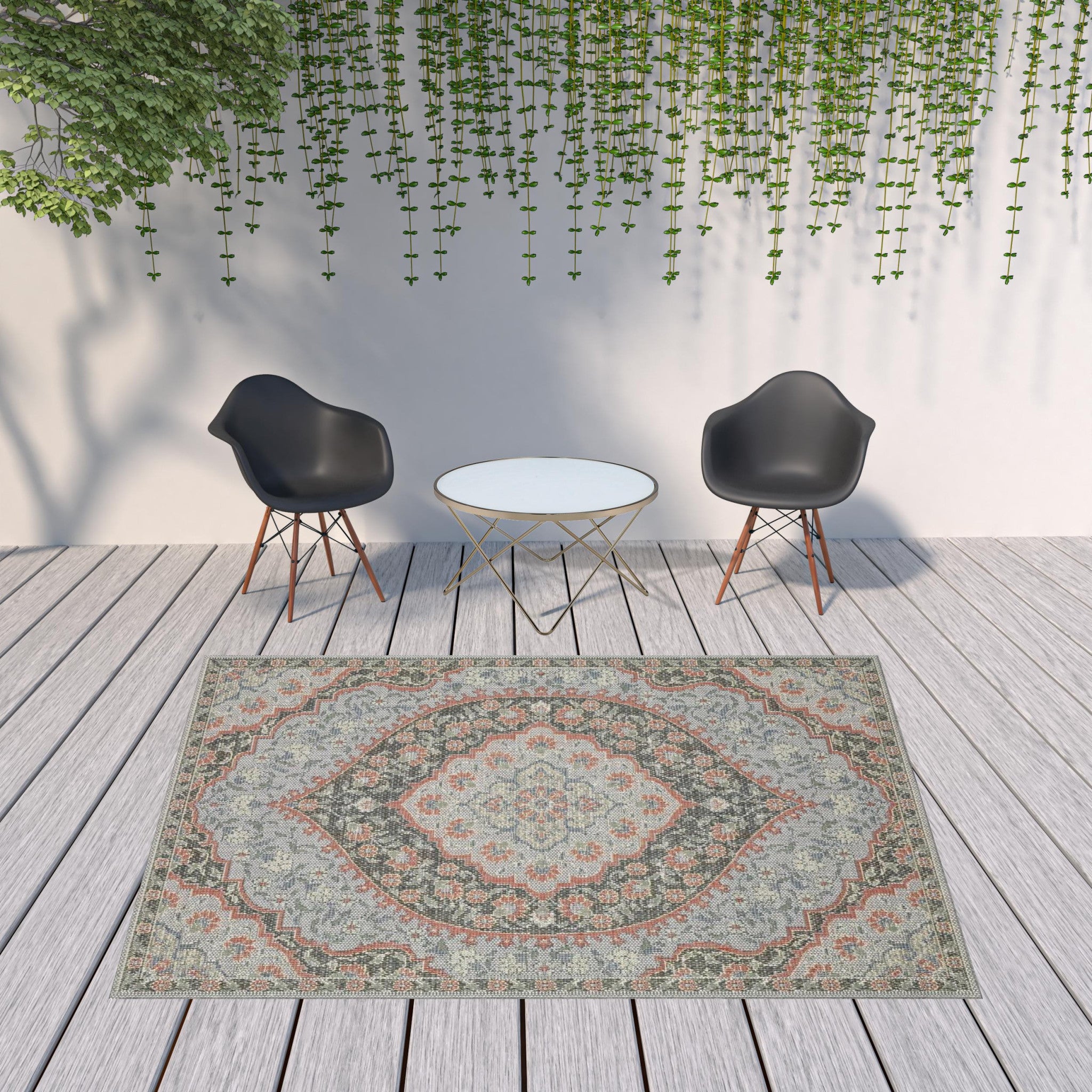 8' x 10' Blue Oriental Stain Resistant Indoor Outdoor Area Rug