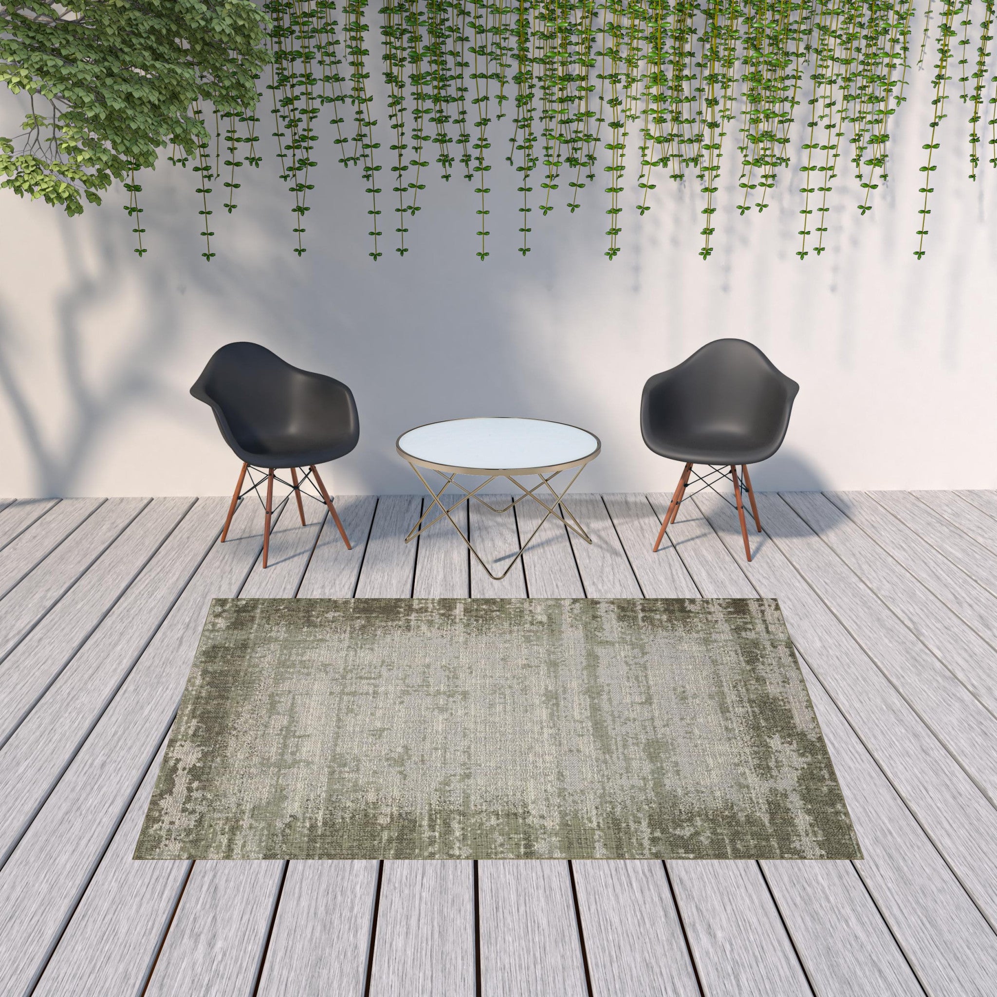 7' x 9' Green and Ivory Abstract Stain Resistant Indoor Outdoor Area Rug