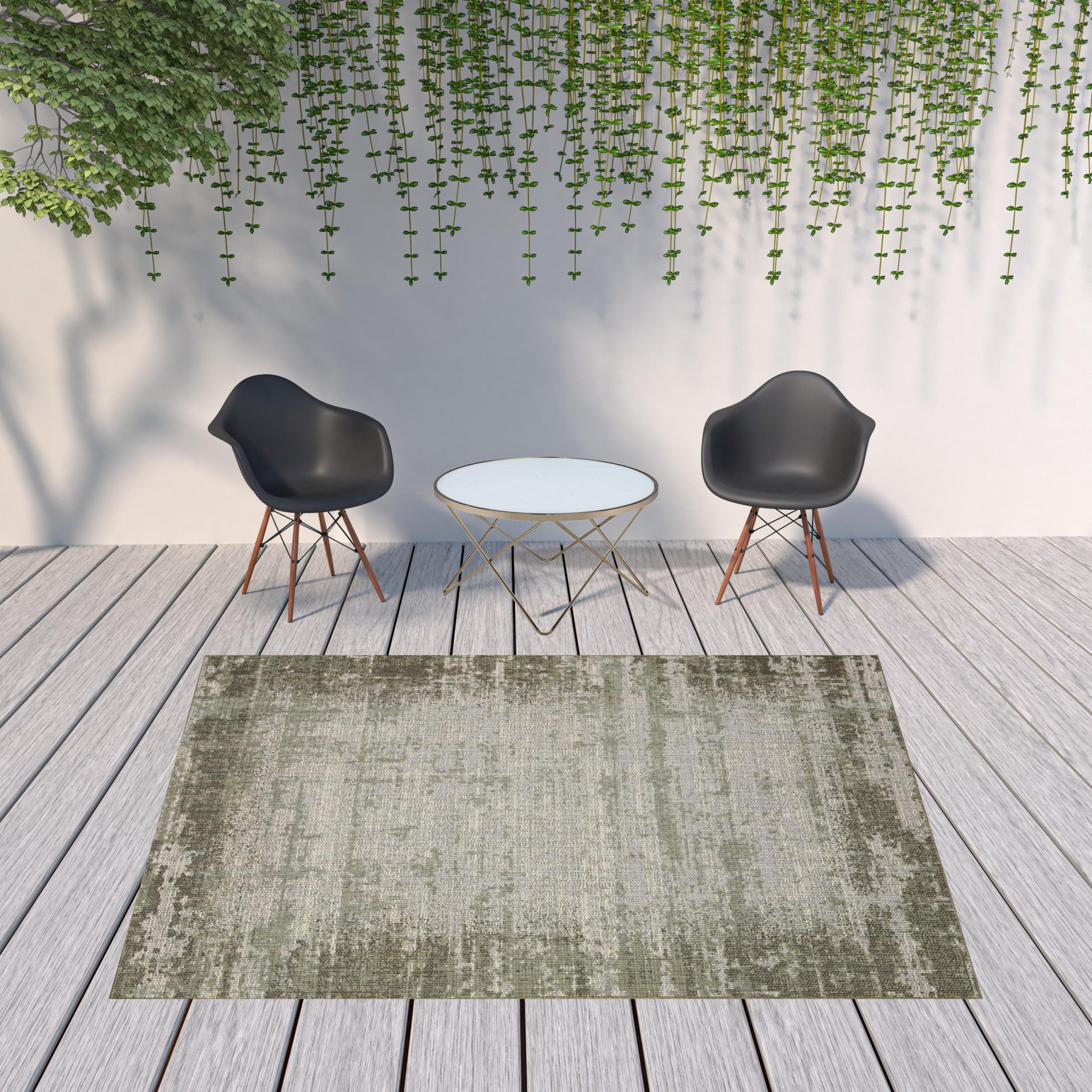 8' x 10' Green and Ivory Abstract Stain Resistant Indoor Outdoor Area Rug