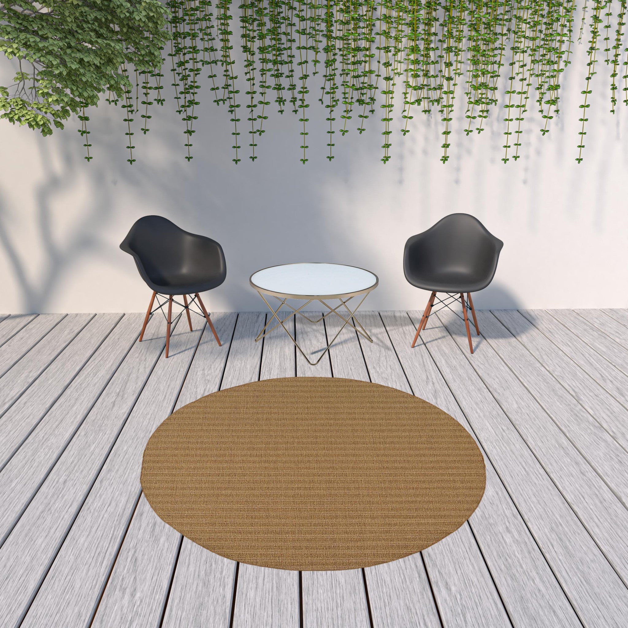 8' x 8' Tan Round Striped Stain Resistant Indoor Outdoor Area Rug