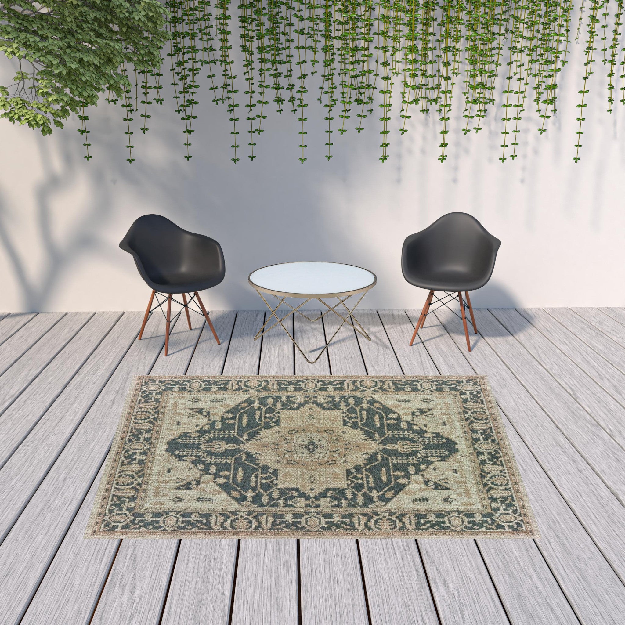 7' x 9' Gray Oriental Stain Resistant Indoor Outdoor Area Rug