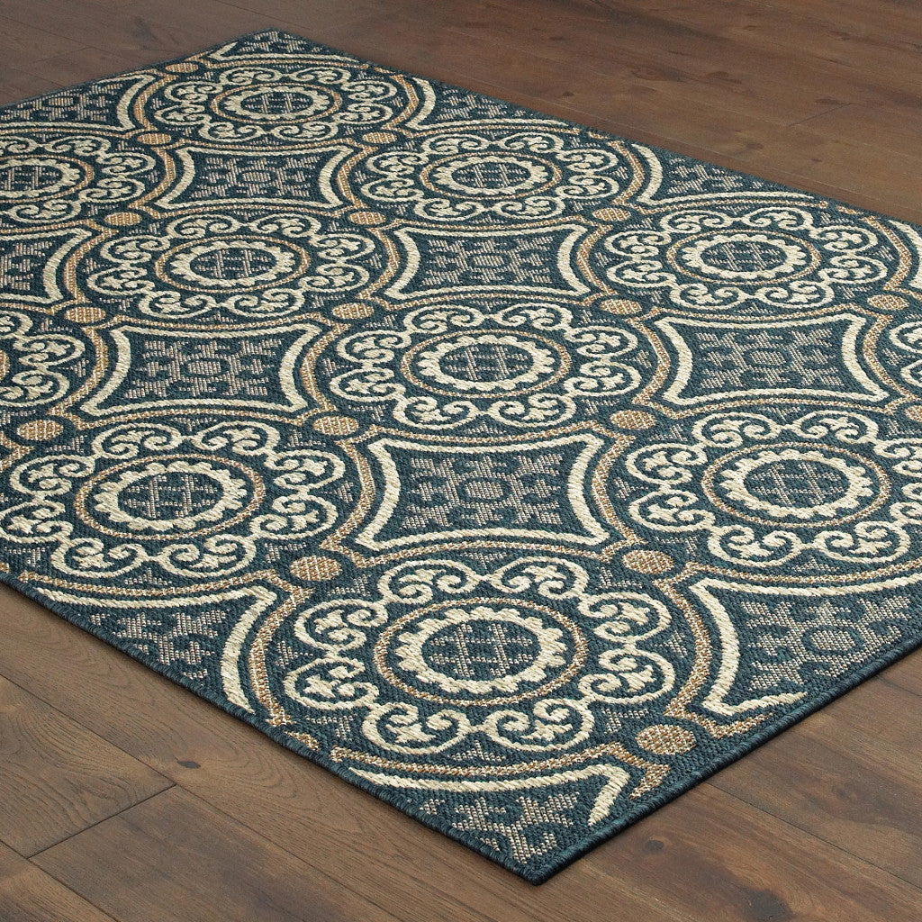 7' x 9' Blue and Gray Geometric Stain Resistant Indoor Outdoor Area Rug