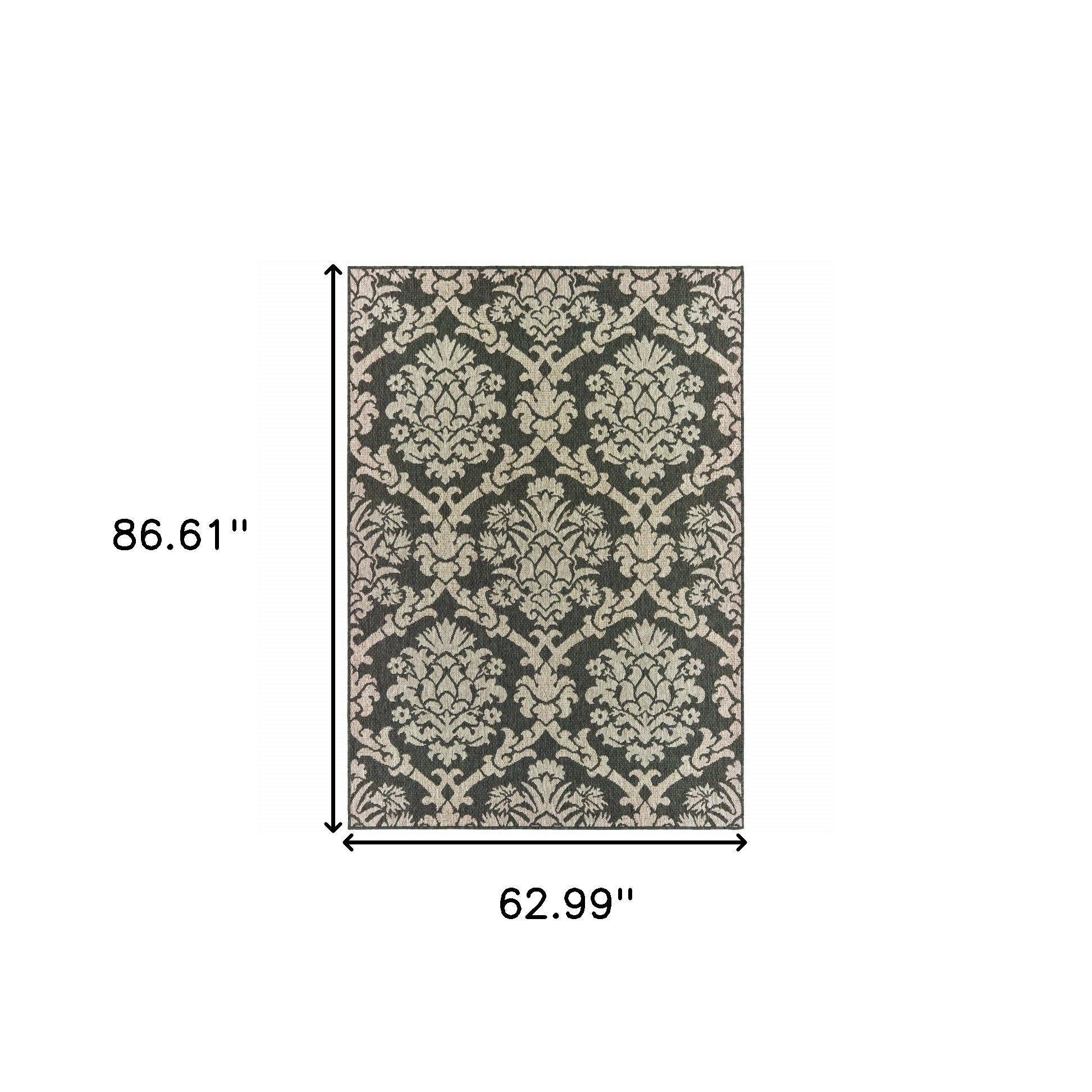 5' x 7' Gray Floral Stain Resistant Indoor Outdoor Area Rug