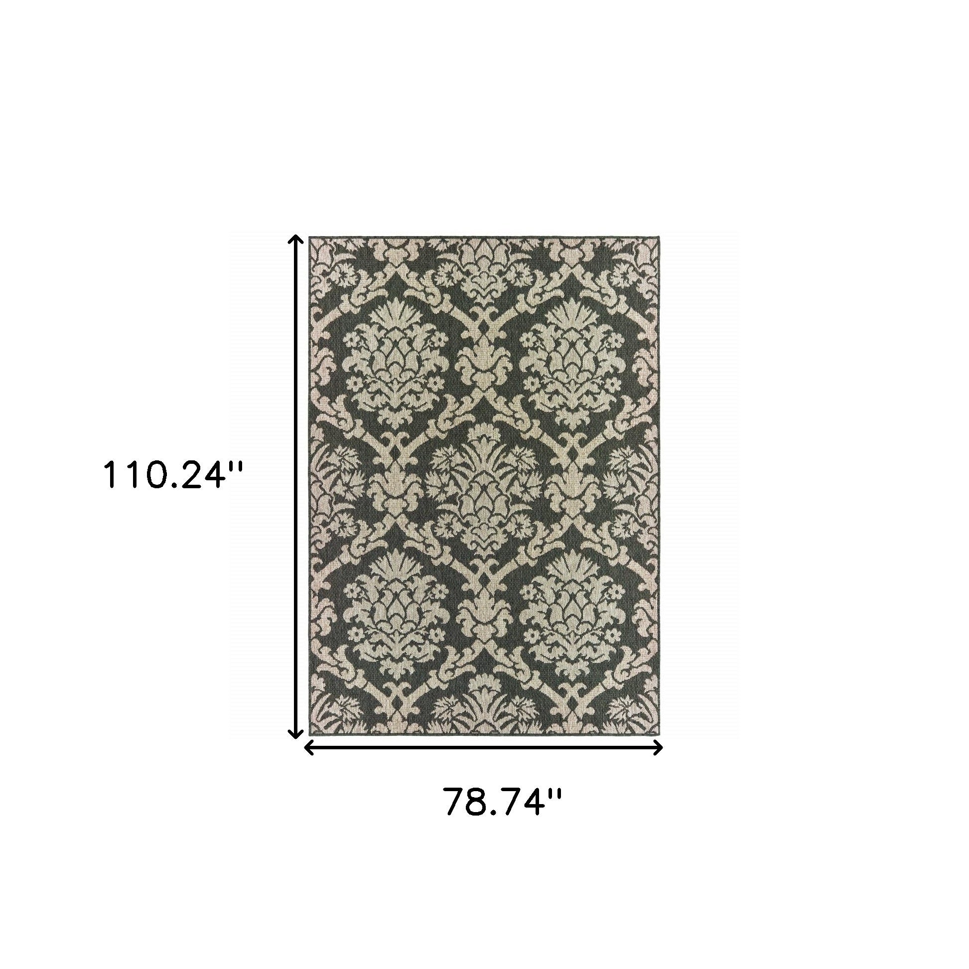 7' x 9' Gray Floral Stain Resistant Indoor Outdoor Area Rug