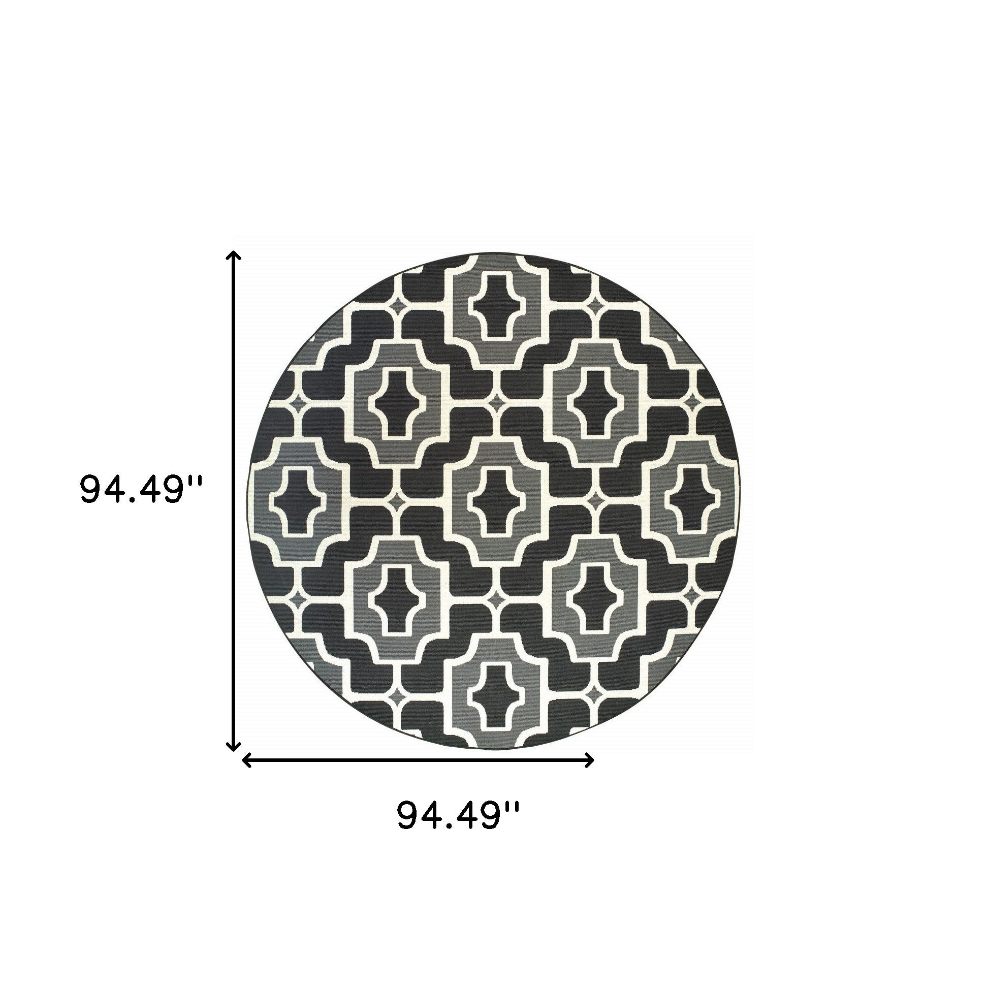 8' x 8' Black and Gray Round Geometric Stain Resistant Indoor Outdoor Area Rug