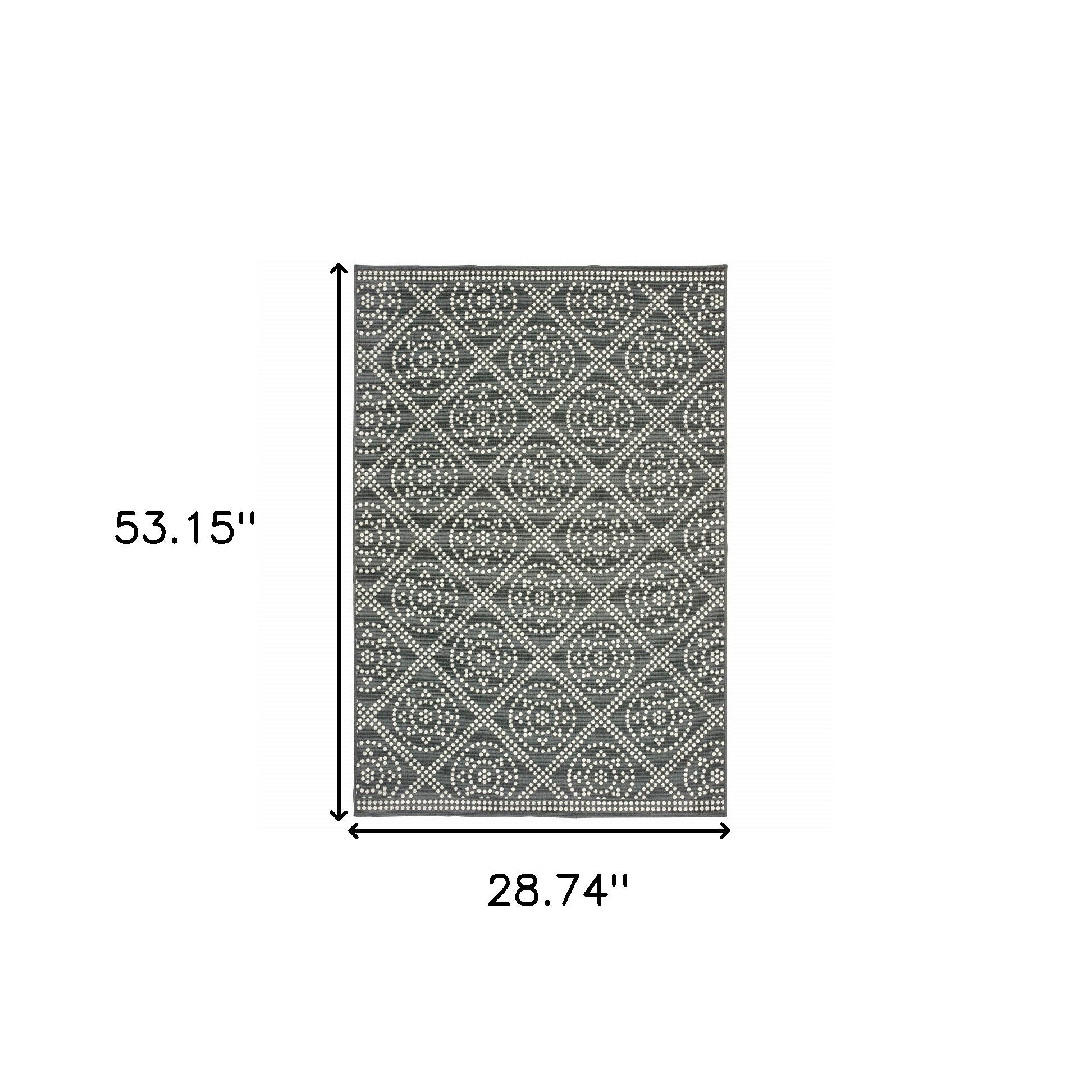 2' X 4' Gray and Ivory Geometric Stain Resistant Indoor Outdoor Area Rug