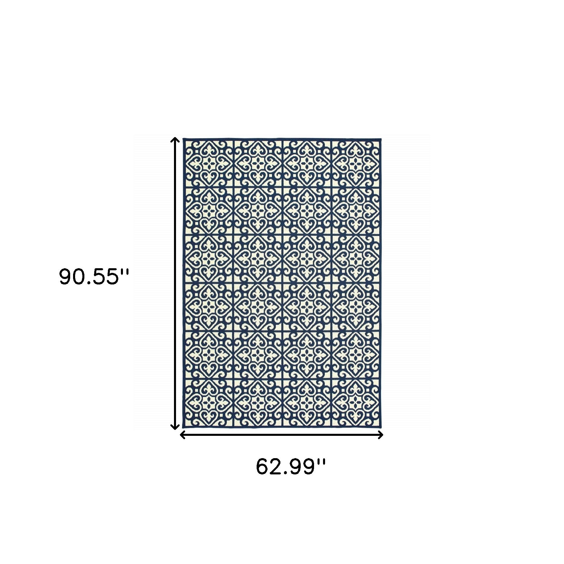 5' x 8' Ivory and Blue Geometric Stain Resistant Indoor Outdoor Area Rug