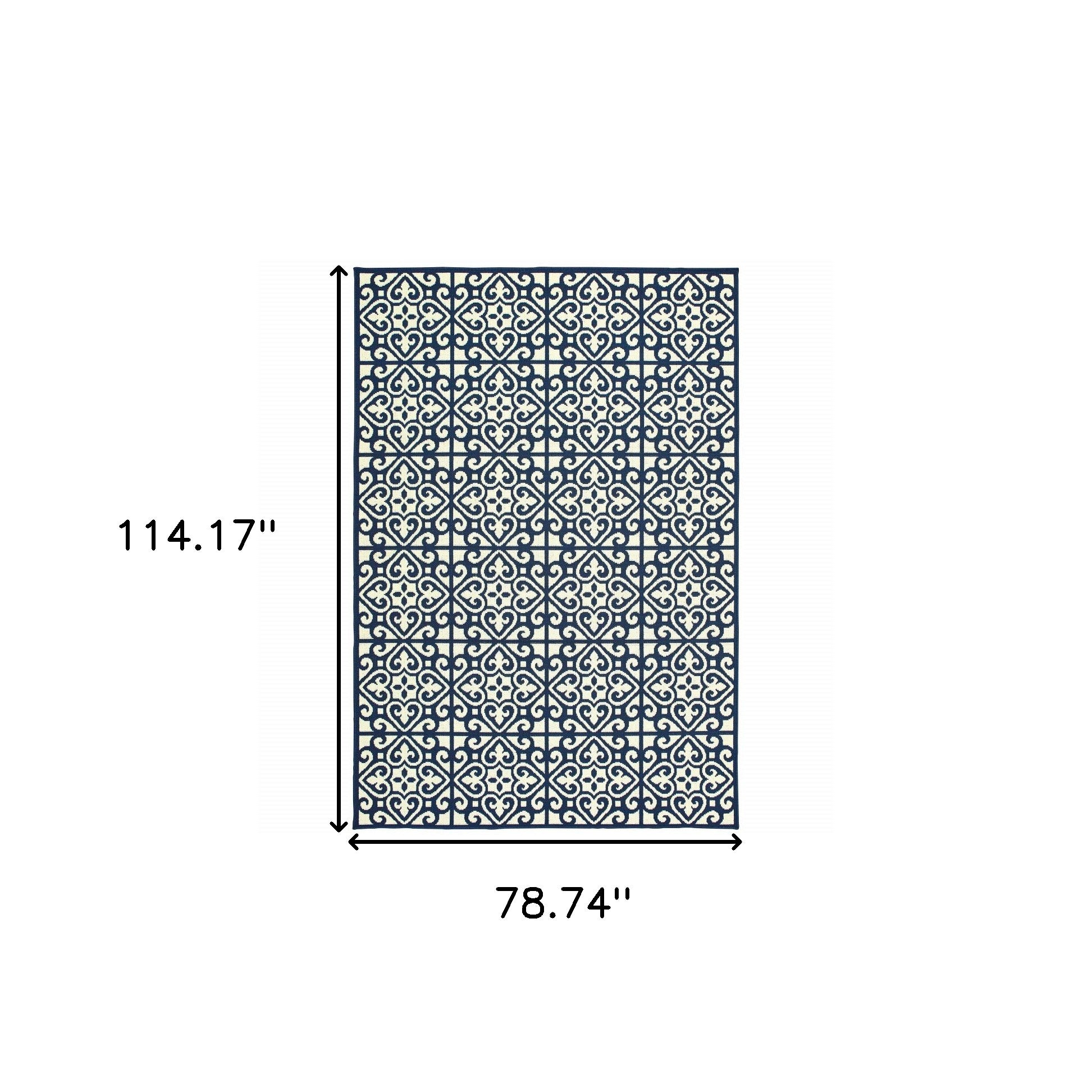 7' x 10' Ivory and Blue Geometric Stain Resistant Indoor Outdoor Area Rug