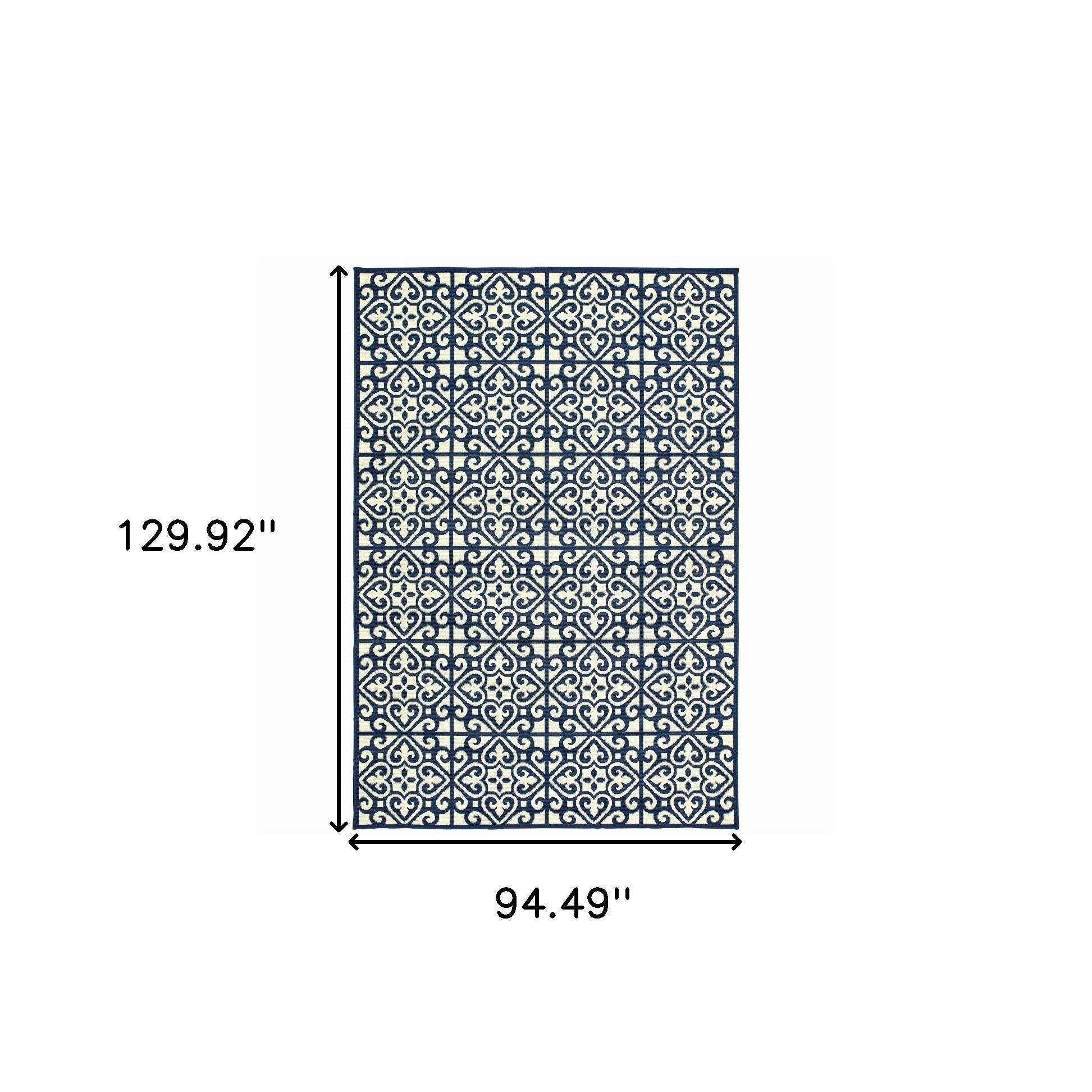 8' x 11' Ivory and Blue Geometric Stain Resistant Indoor Outdoor Area Rug