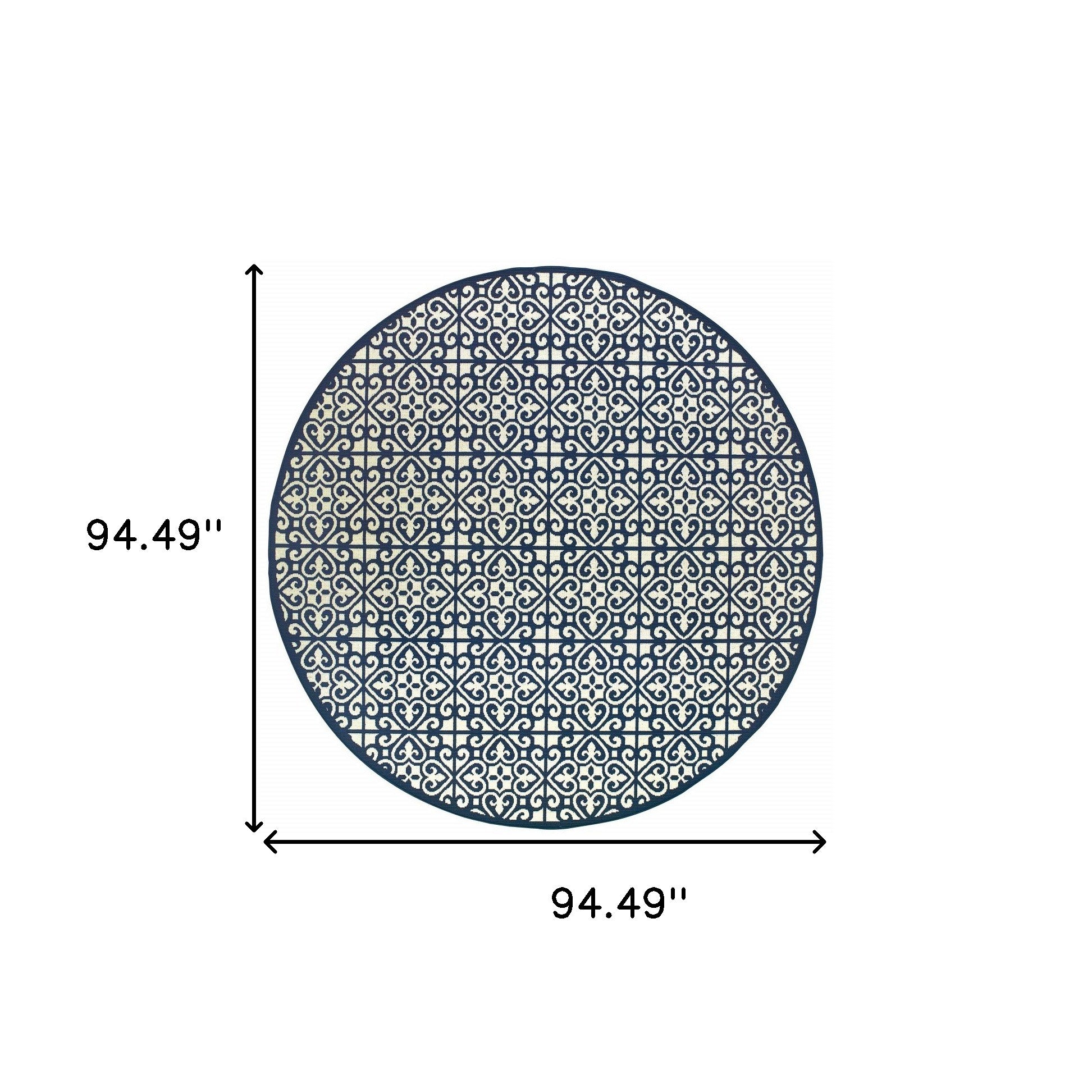 8' x 8' Ivory and Blue Round Geometric Stain Resistant Indoor Outdoor Area Rug