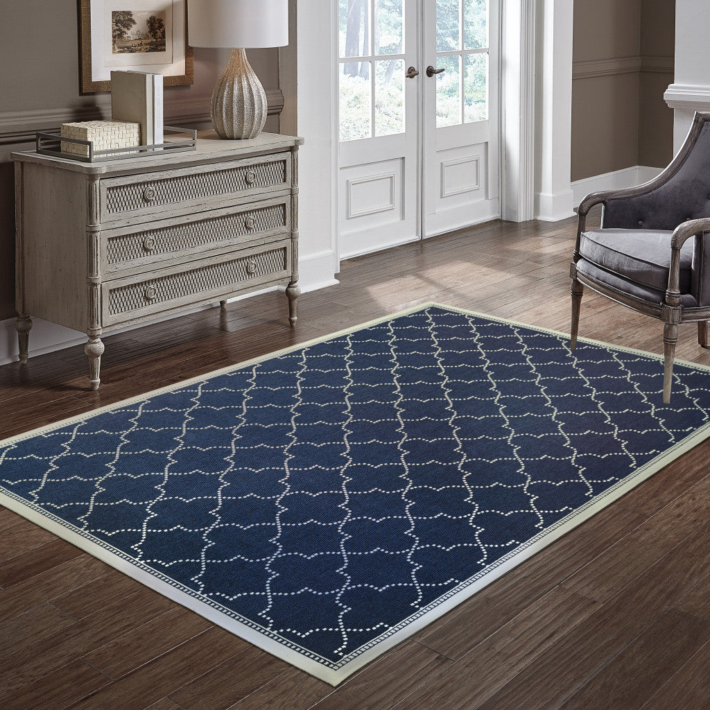 5' x 8' Blue and Ivory Geometric Stain Resistant Indoor Outdoor Area Rug